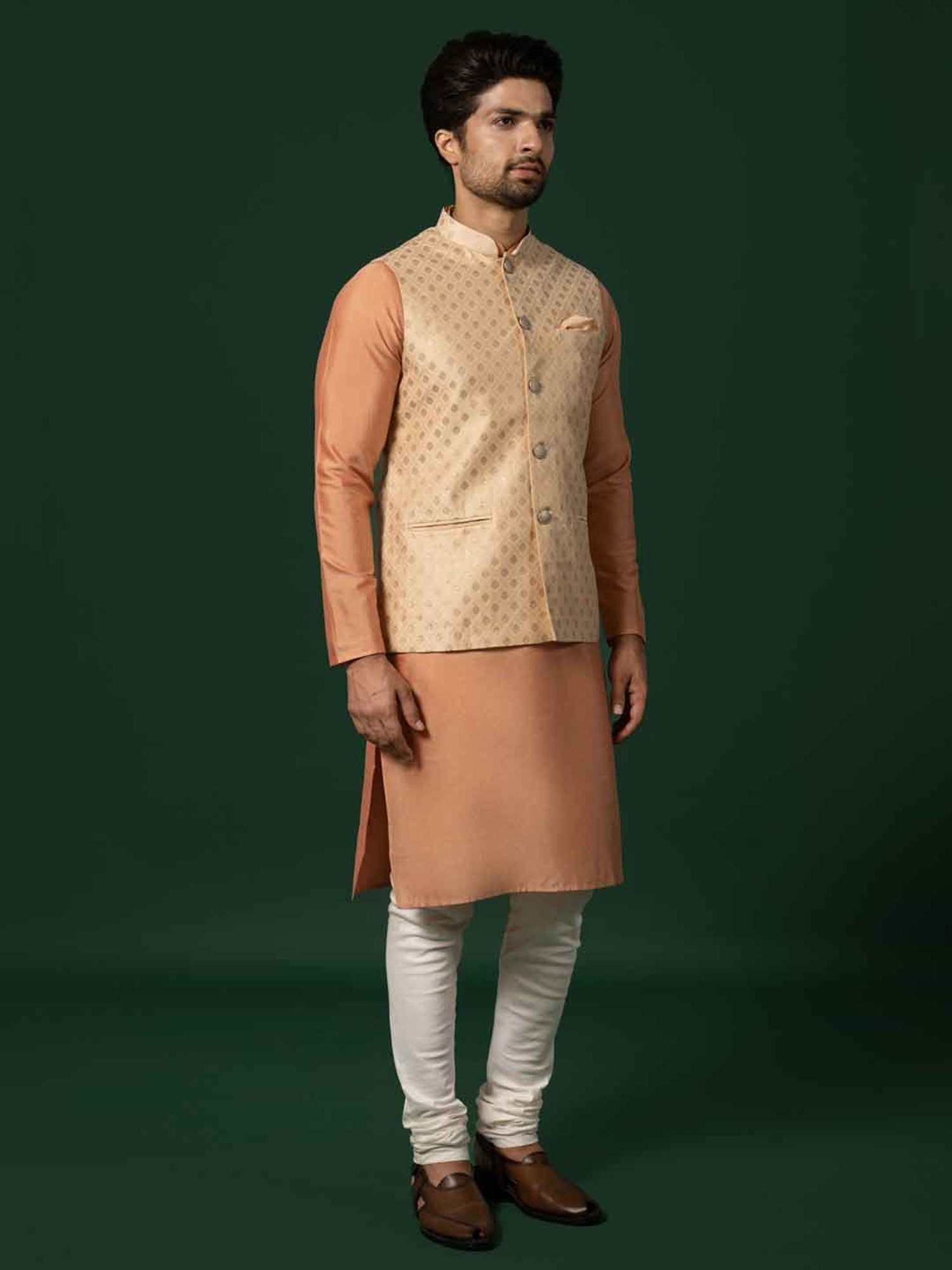 KISAH Beige & Off White Regular Fit Jacquard Kurta & Churidar With Nehru Jacket