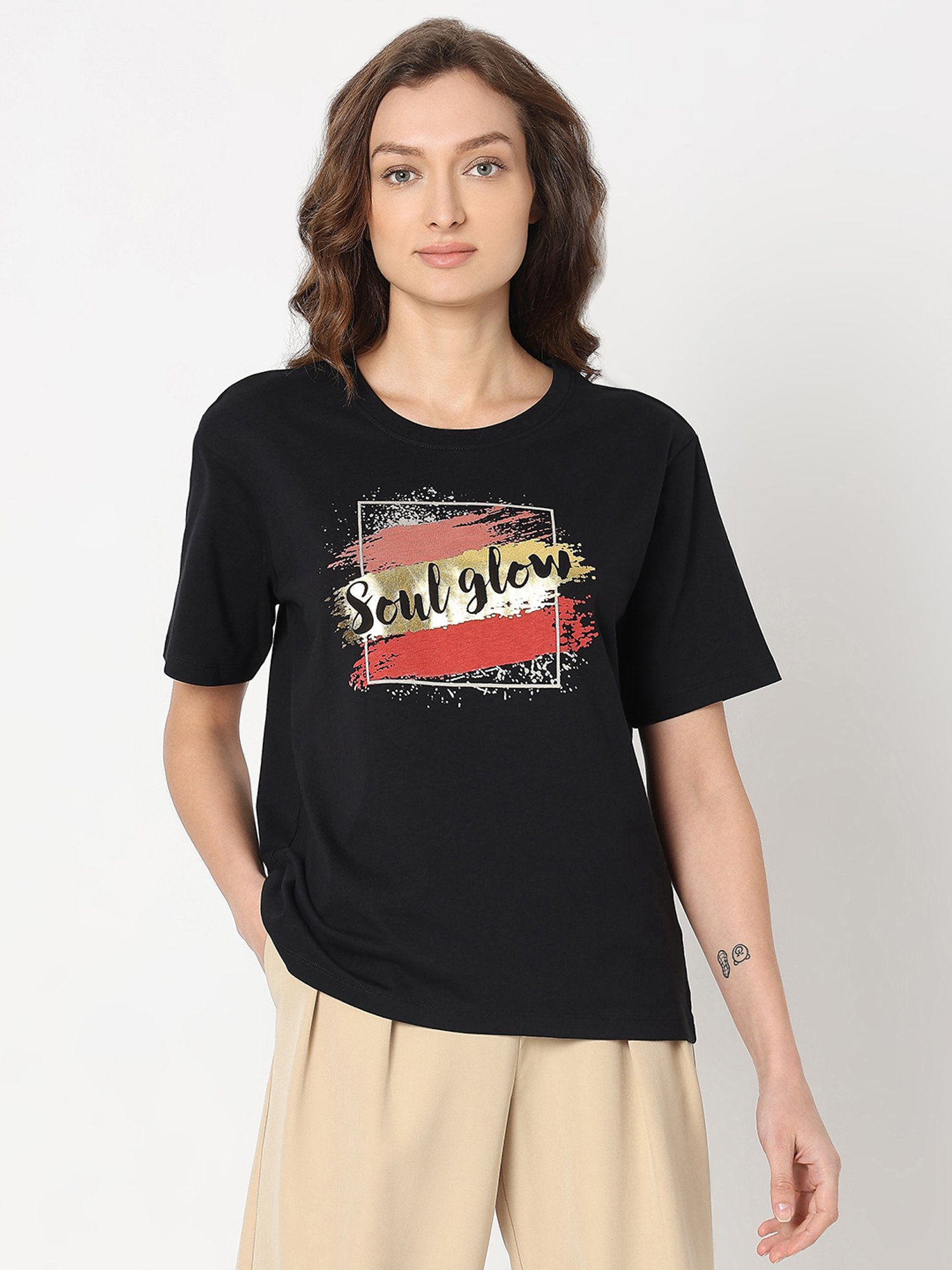 Vero Moda Black Cotton Graphic Print T-Shirt