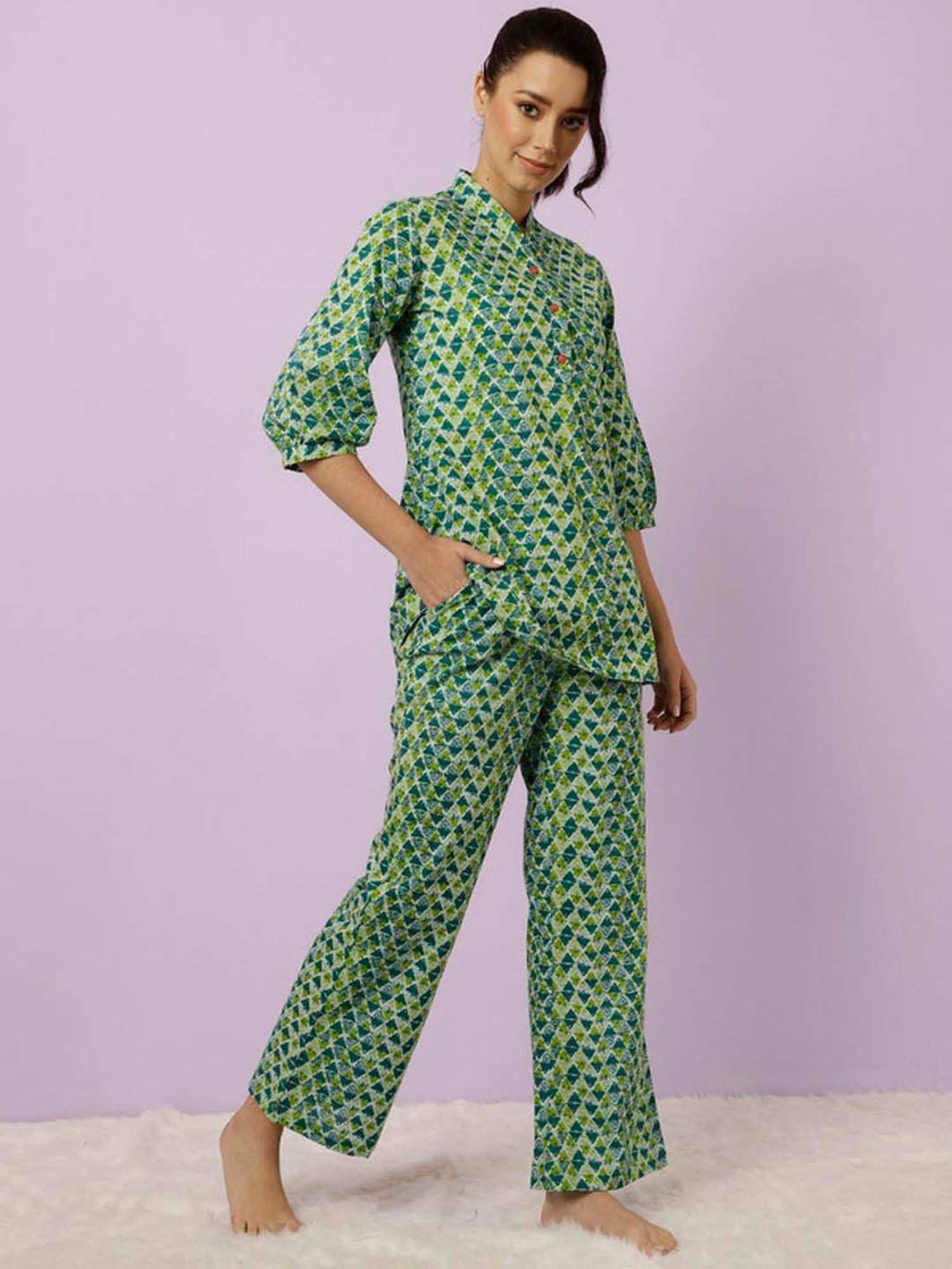Jaipur Kurti Green Cotton Printed Tunic Palazzos Set