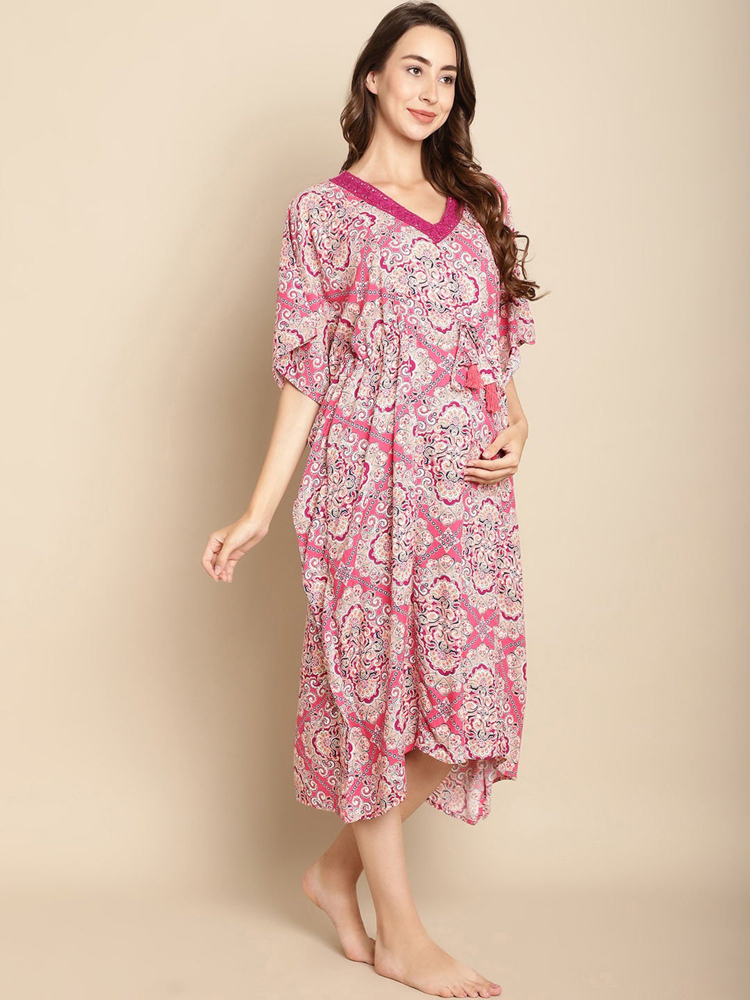 Secret Wish Pink Printed Maternity Kaftan Night Dress