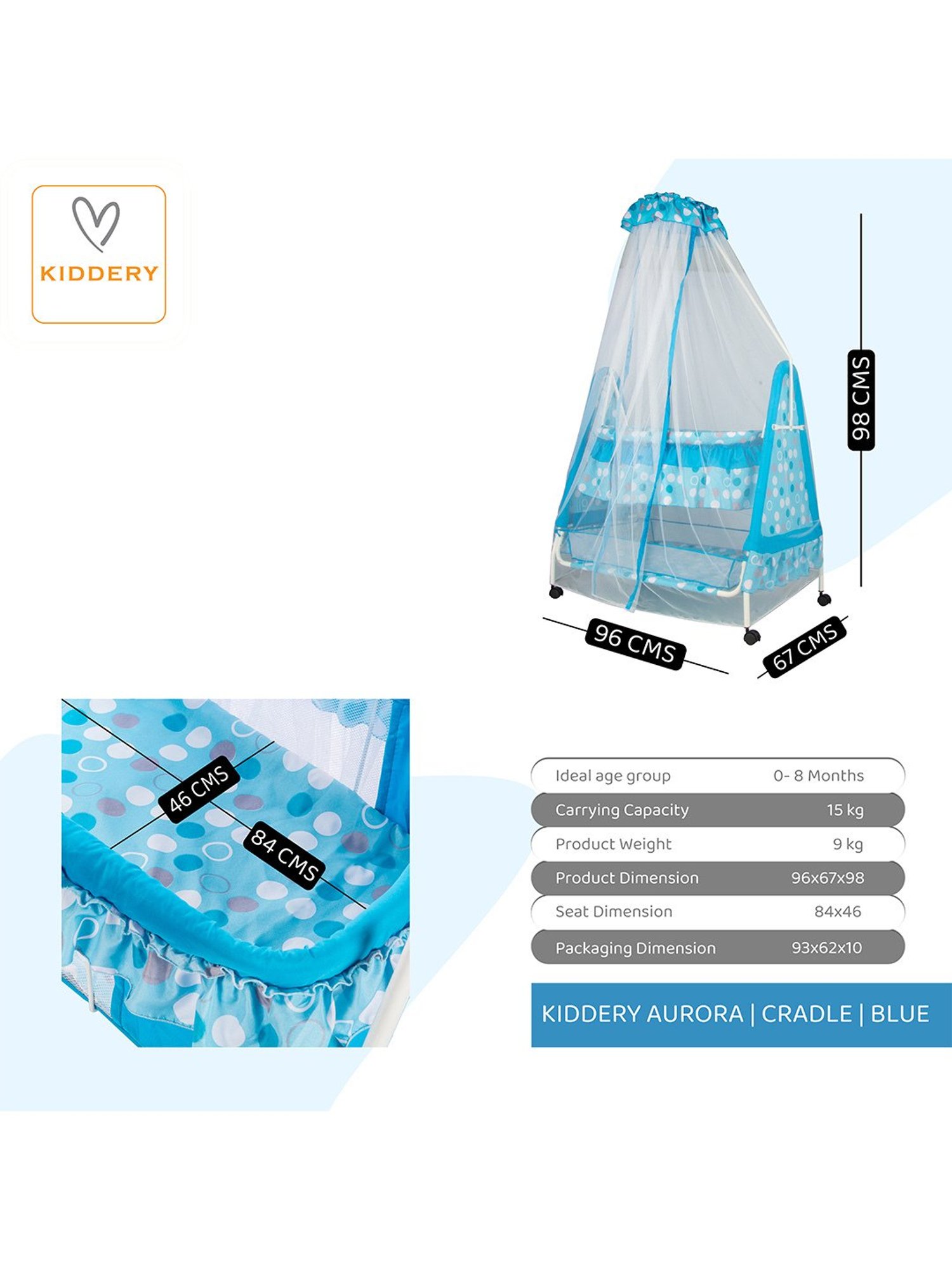 Kiddery Blue Baby Cradle with Mosquito Protection Net (Age 0-8 Months)