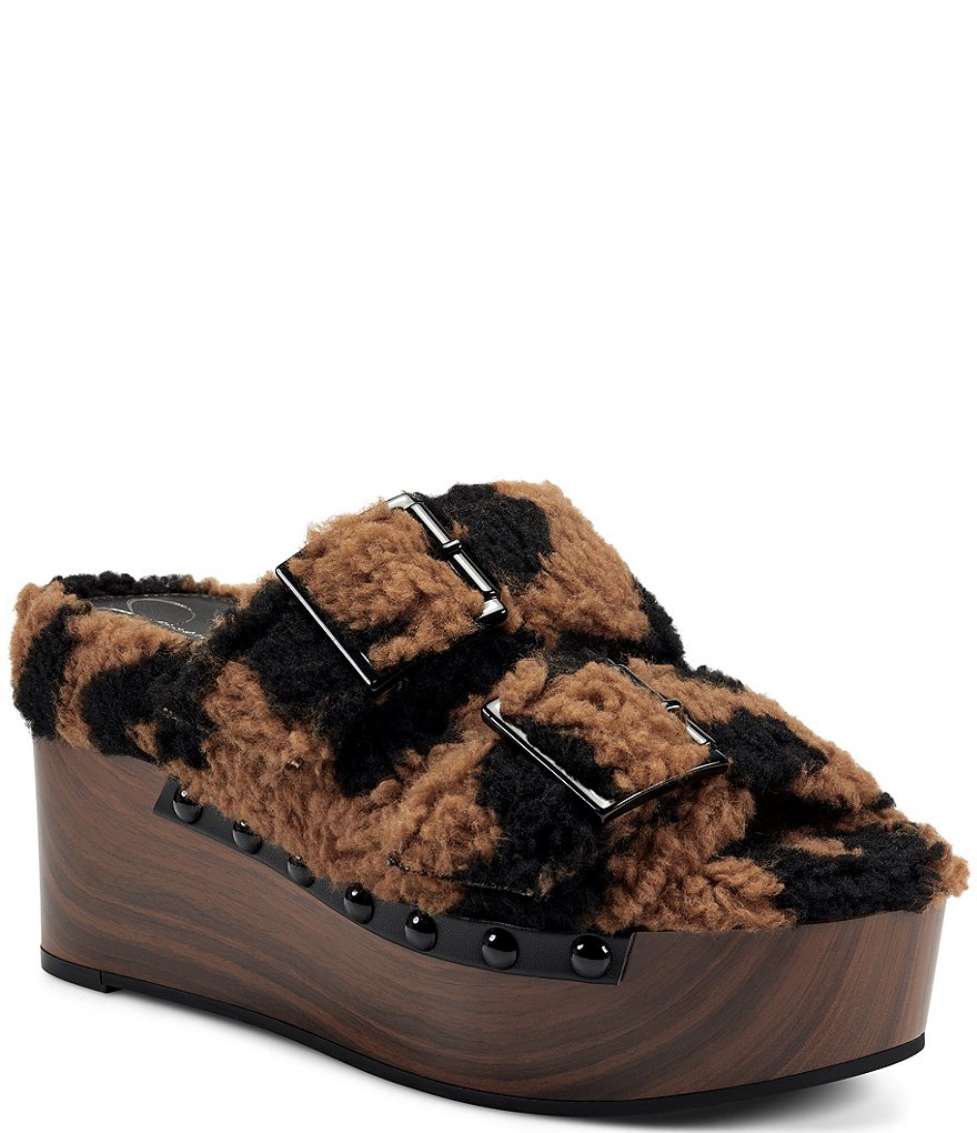 Jessica Simpson Cyriss Leopard Print Faux Shearling Buckle Wedges