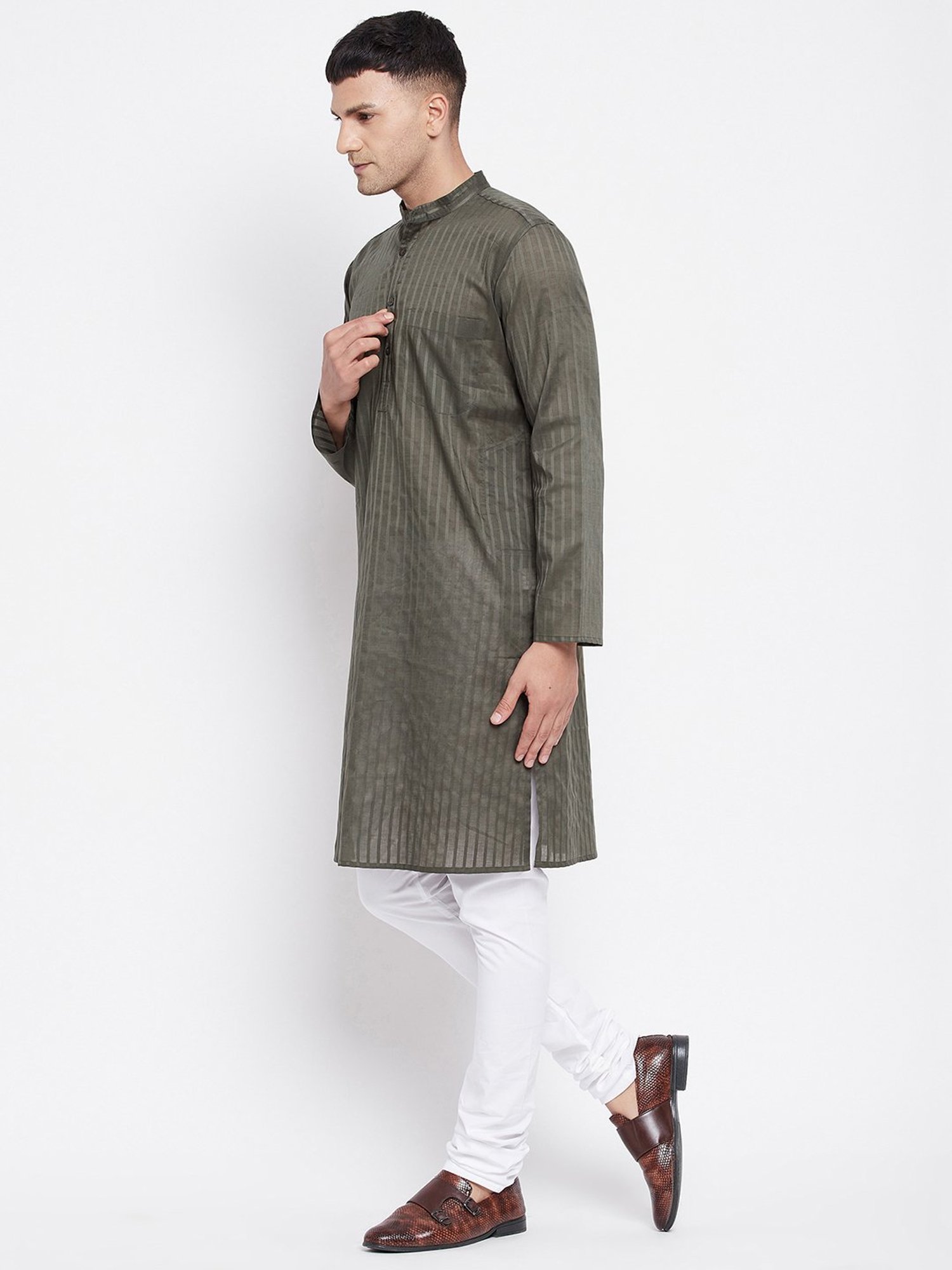 Even Dark Olive Striped Mandarin Collar Kurta
