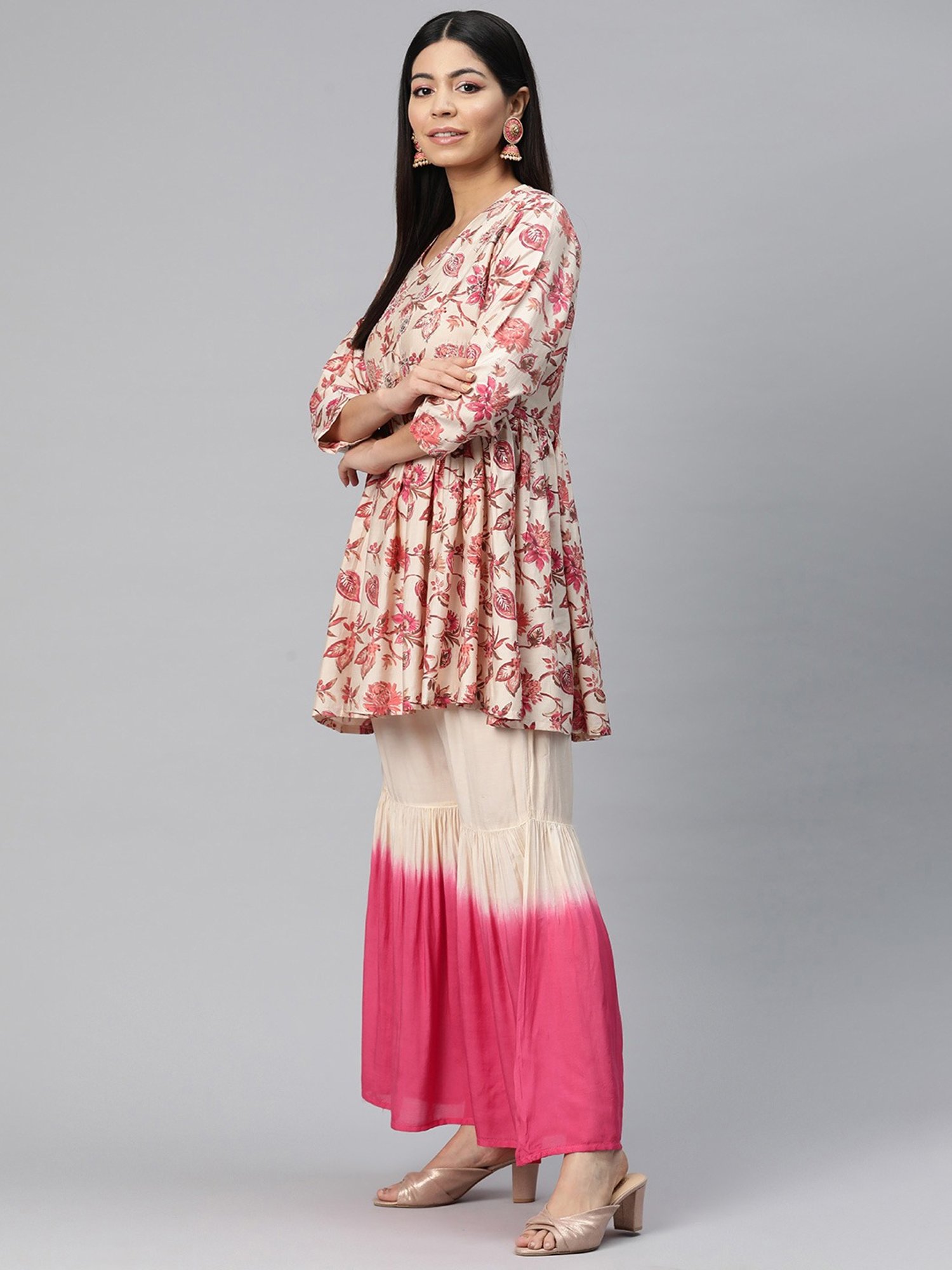 READIPRINT FASHIONS Beige & Pink Floral Print Kurti Sharara Set With Dupatta
