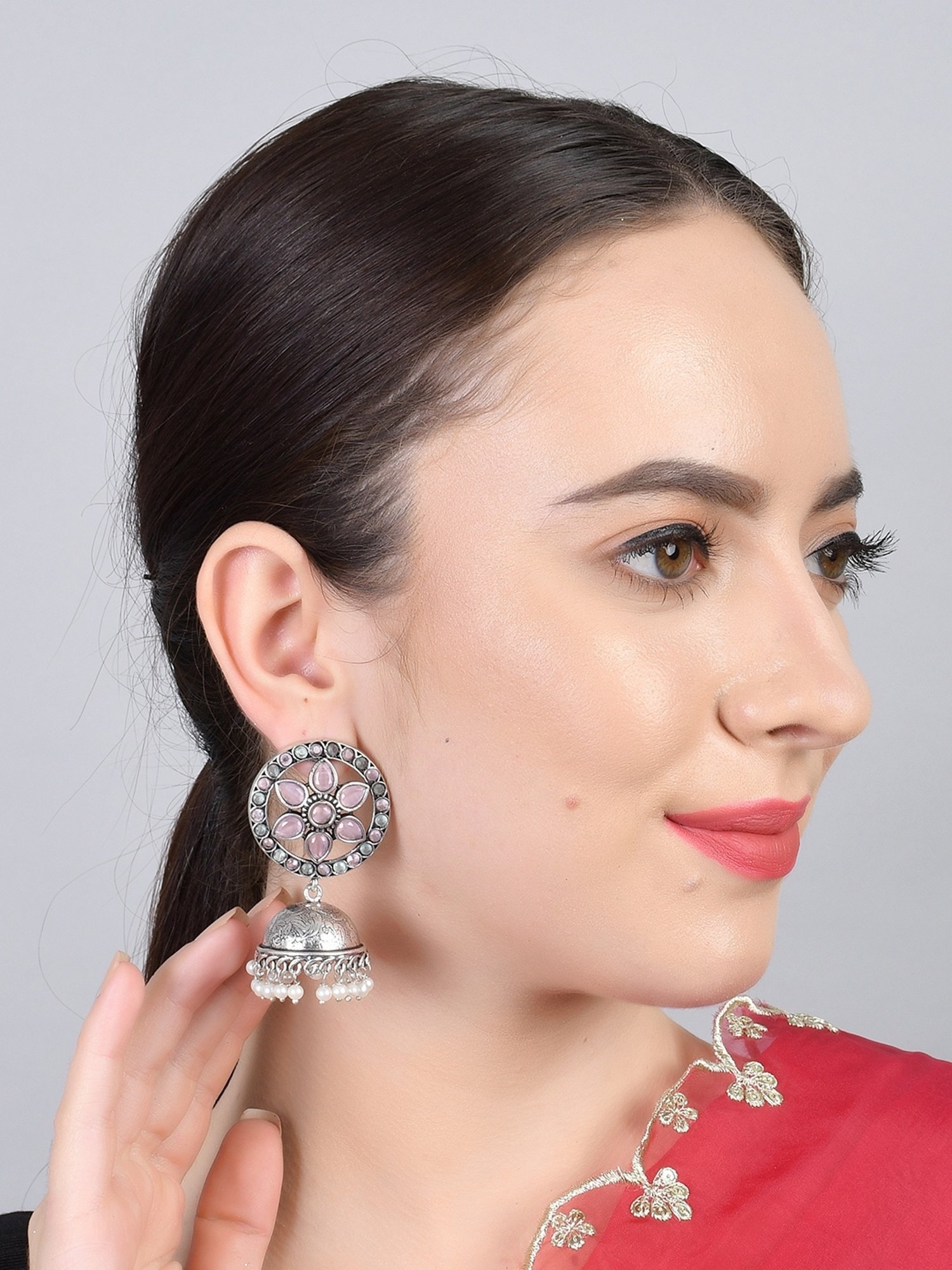 Imli Street Pink-Green Silver Tone Stone-Studded Handcrafted Jhumki Earrings