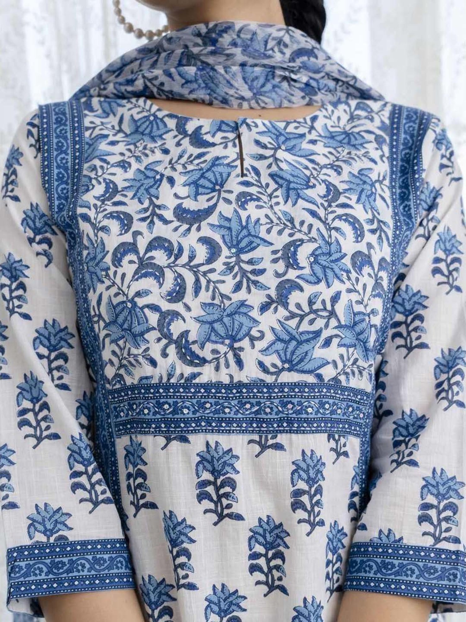 Ekohum Blue Printed A-Line Kurta with Printed Pant and Dupatta Set