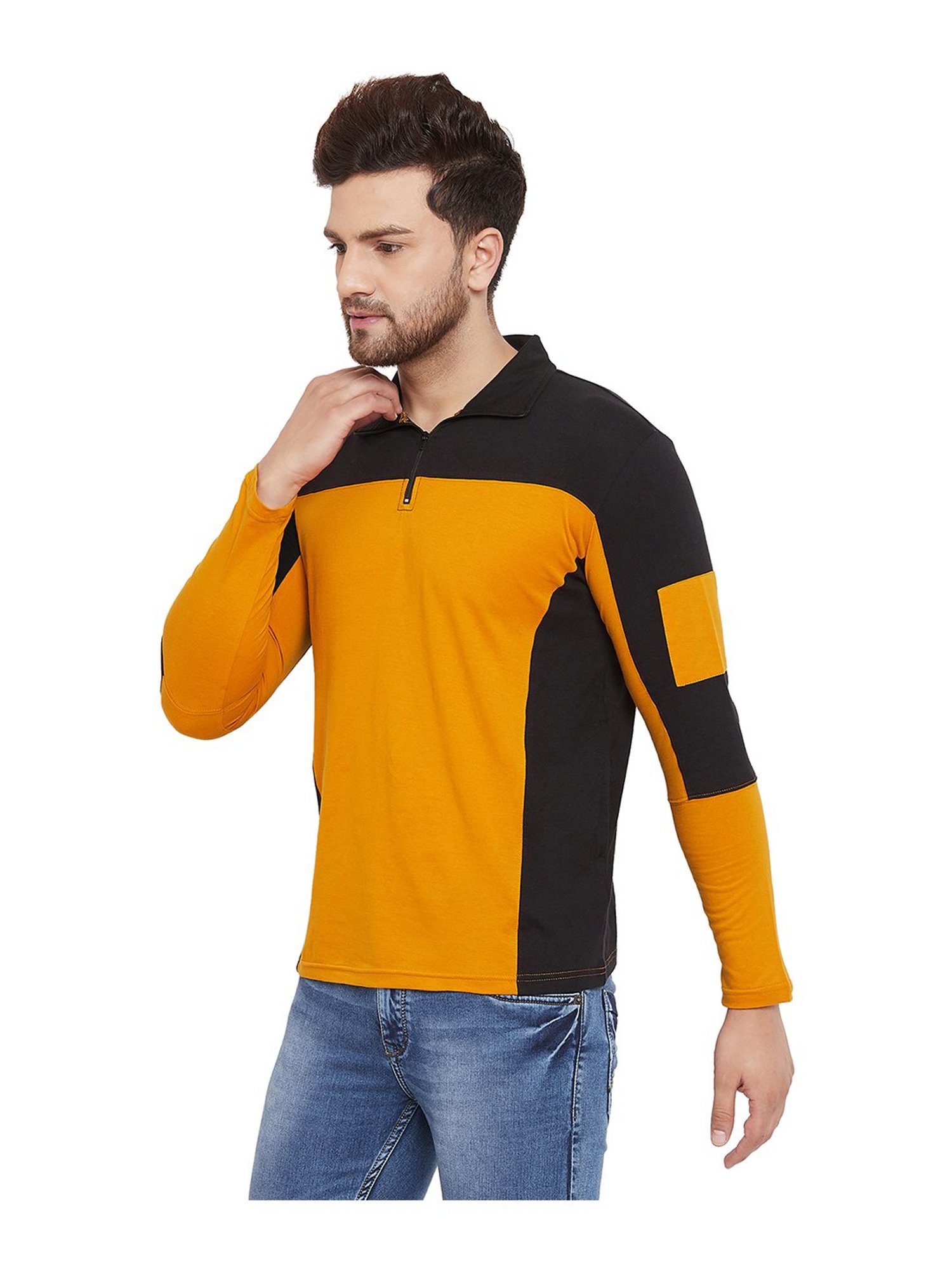 Hypernation Yellow & Black Cotton Regular Fit Color Block Polo T-Shirt