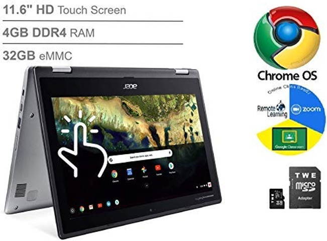 Acer Chromebook Spin 11.6" HD Touch Screen 2-in-1 Convertible Laptop, Intel Celeron N3350 up to 2.4GHz, 4GB DDR4, 32GB eMMC, Webcam, Oline Class Ready, Google Chrome OS, TWE Micro 64GB SD Card