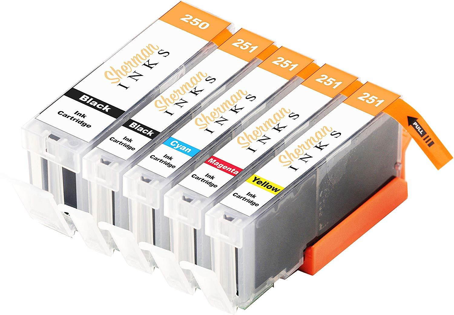 Sherman Replacement Ink Cartridge 5 Pack CLI-251XL 251 XL PGI-250XL 250 XL High Yield for Printer: Canon PIXMA iP7220 iX6820 MG5420 MG5422 MG5520 MG5522 MG5620 MG5622 MG6420 MG6620 MX722