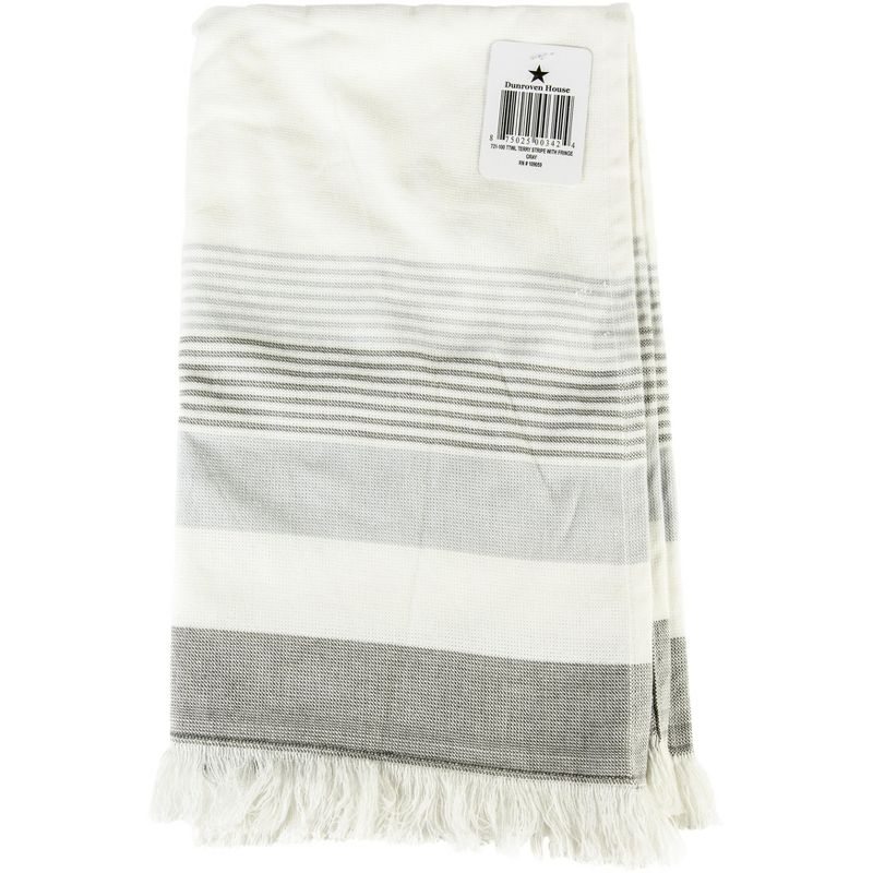 Dunroven House Flat Weave & Terry Kitchen Towel 20"X28"-Horizontal Grey Stripes W/Fringe Border