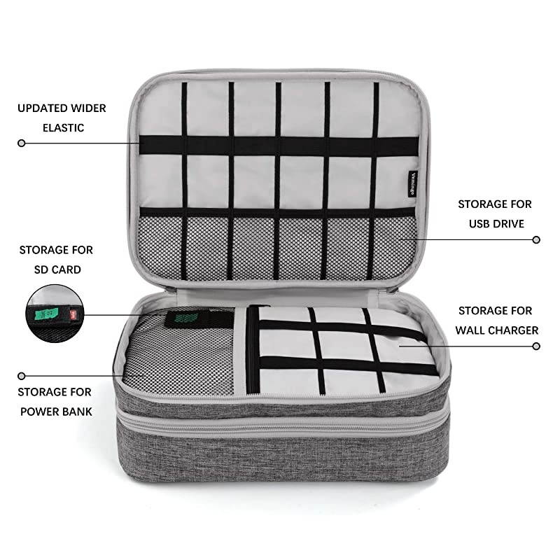 Electronics Travel Organizer,  Electronics Cable Organizer Bag Double Layer Travel Cable Storage Bag for Cables, Laptop Charger, Tablet (Up to 11'') and More-Thick Large(Grey)