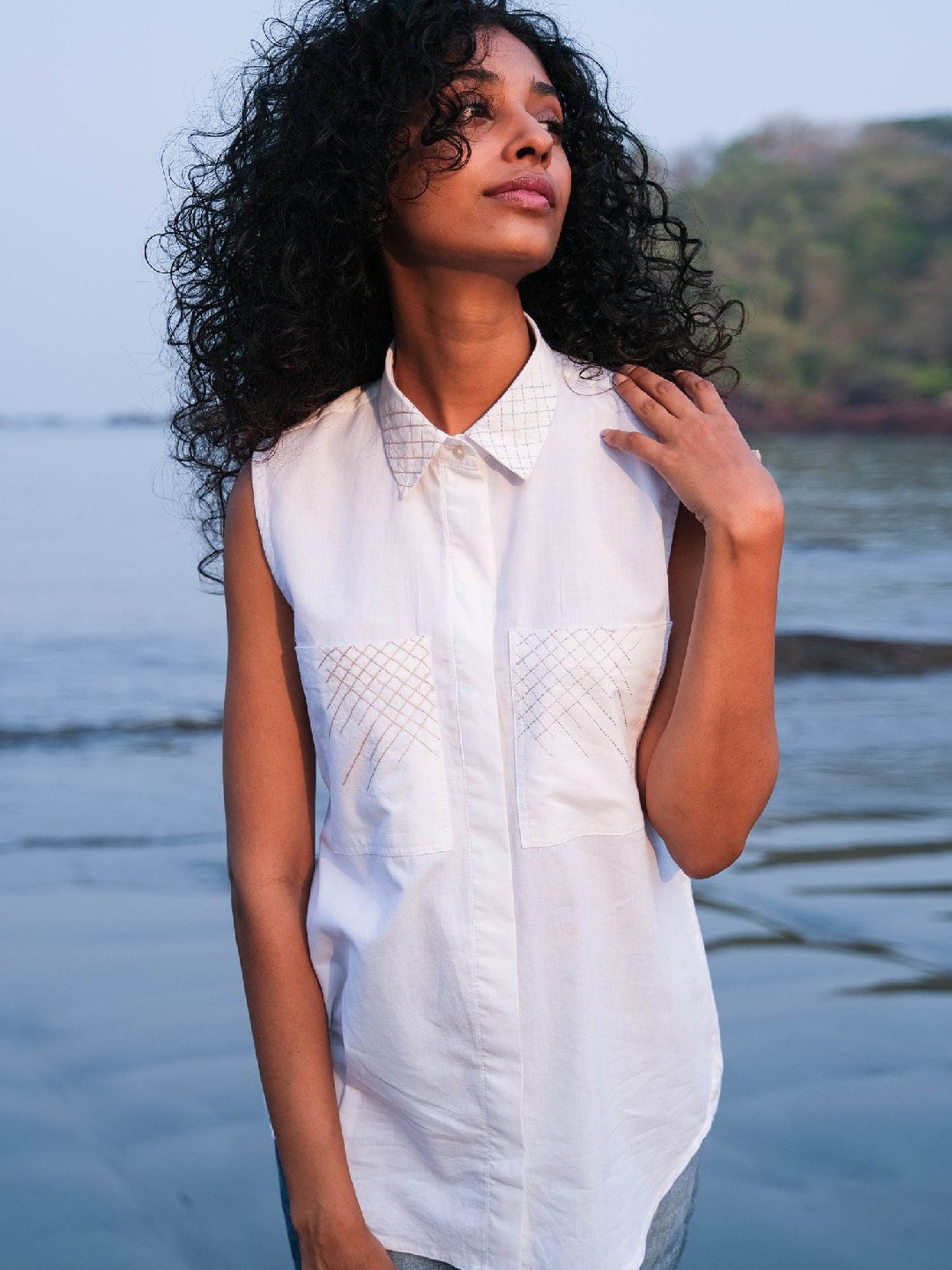 Okhai Morning Snow White Pure Cotton Hand Embroidered Shirt