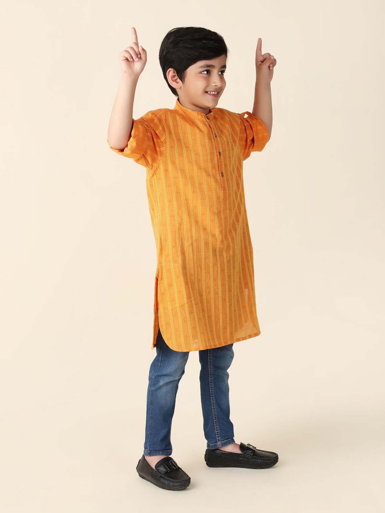 Fabindia Kids Orange Striped Full Sleeves Kurta