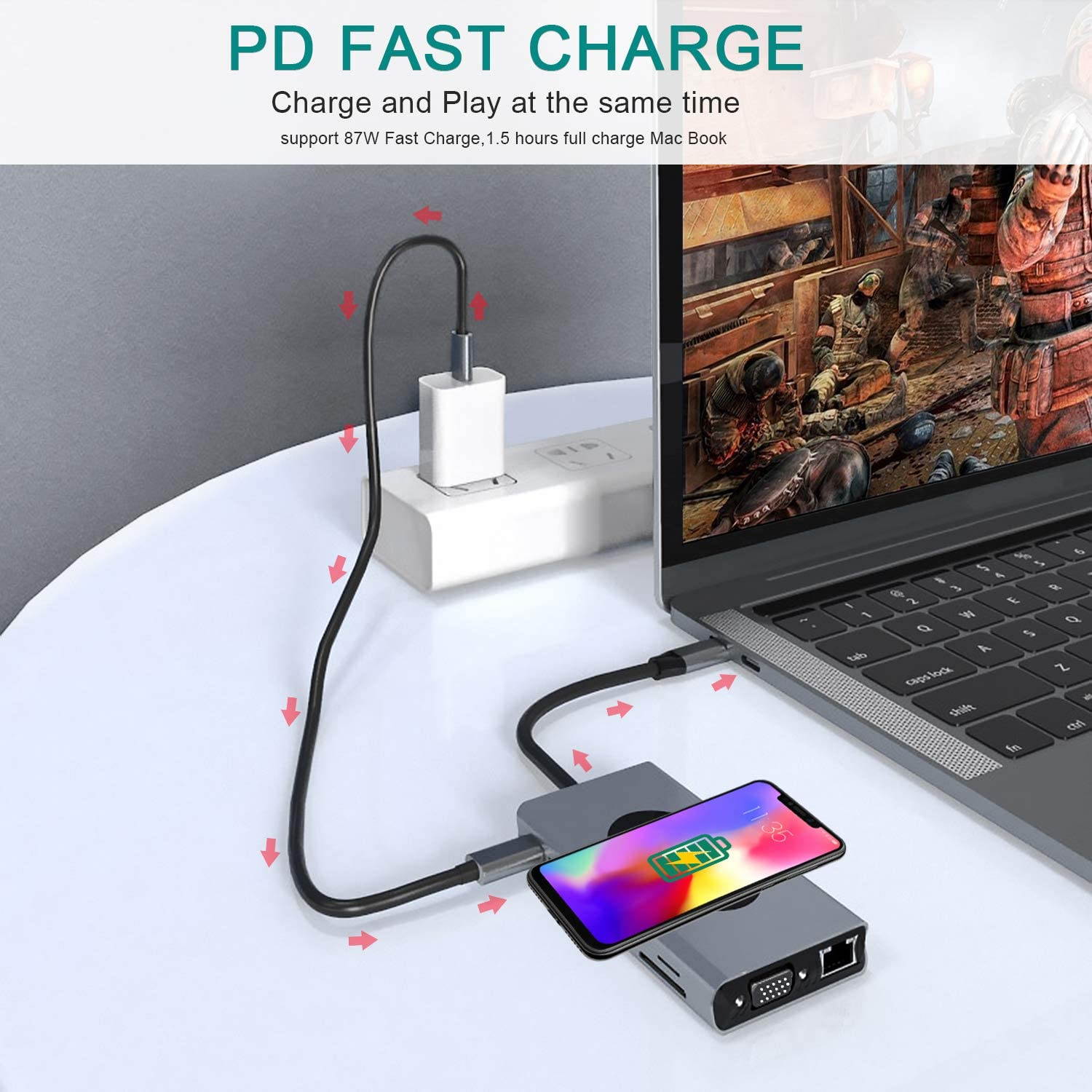 13 in 1 USB C Hub Multiport Adapter USB-C Docking Station with 4K HDMI, VGA, Ethernet, Wireless Charging, 5 USB 3.0, SD/TF Card Reader Compatible for MacBook Pro and More Type C Laptops