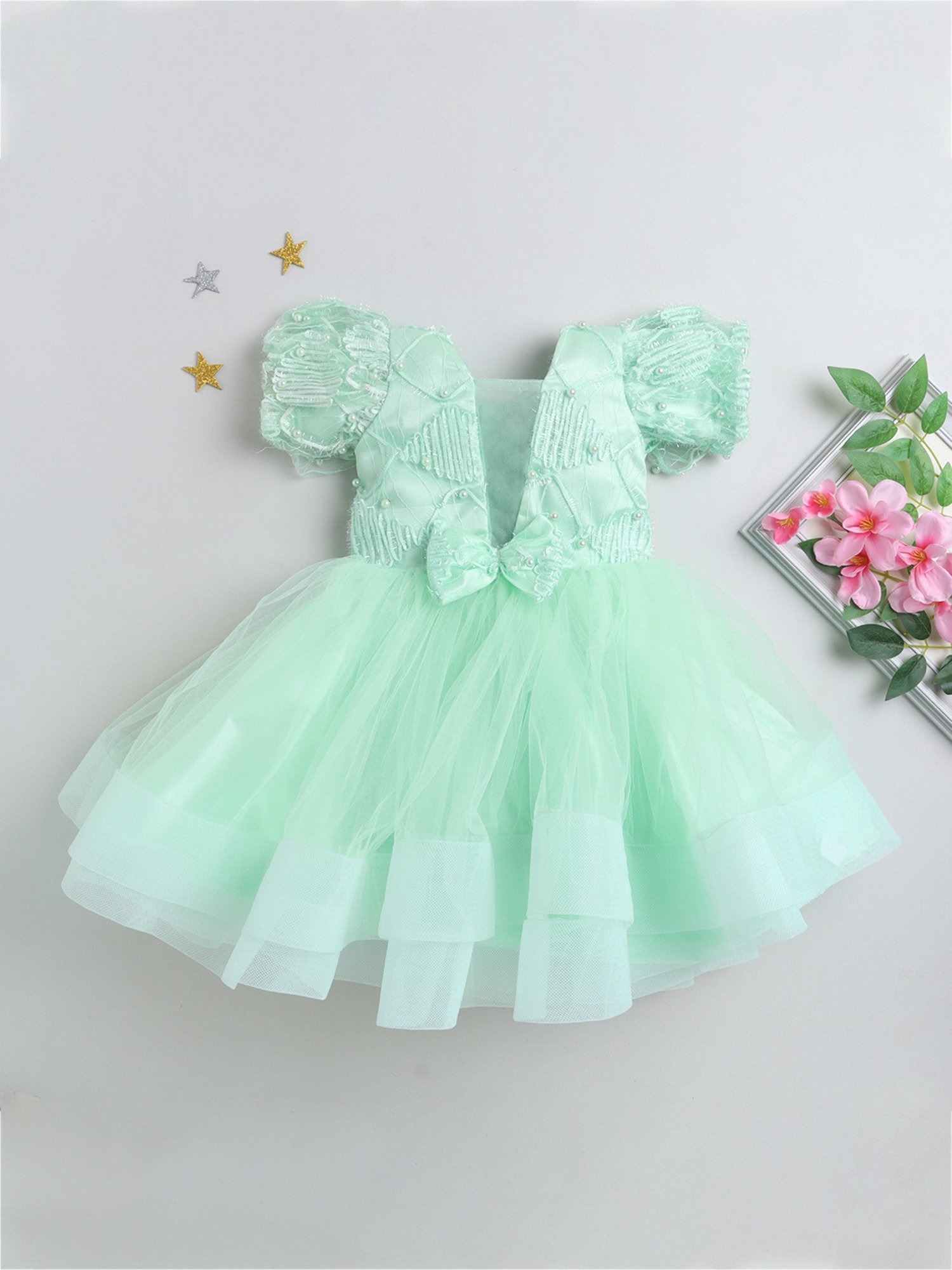 Many Frocks Kids Green Embroidered Dress