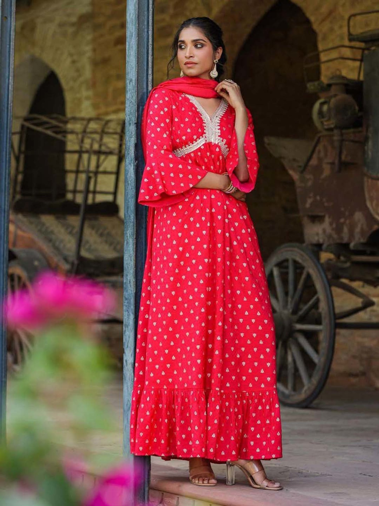 SCAKHI Red Cotton Embellished A-Line Dress With Dupatta
