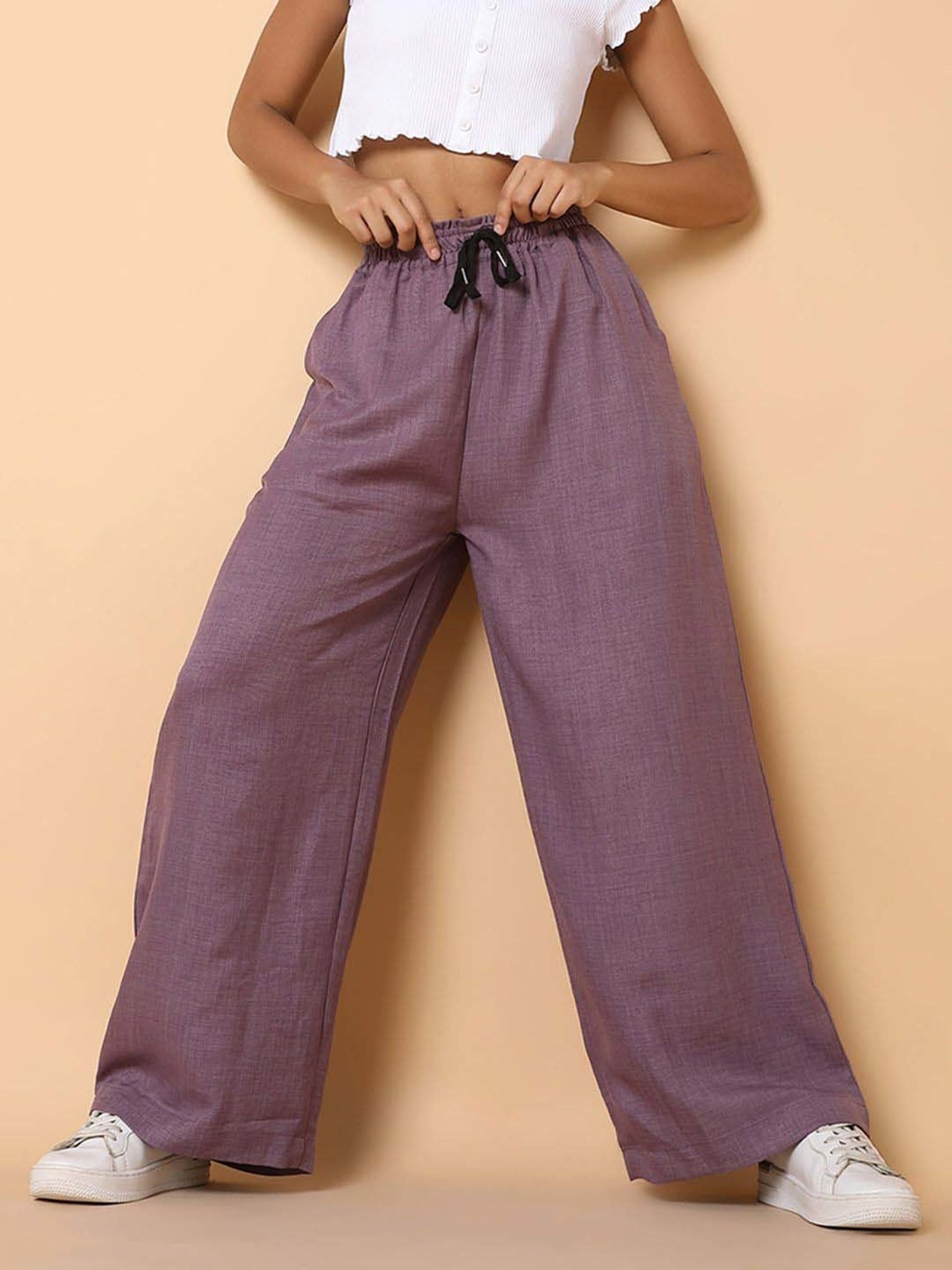 SHOWOFF Purple Cotton Mid Rise Flared Pants