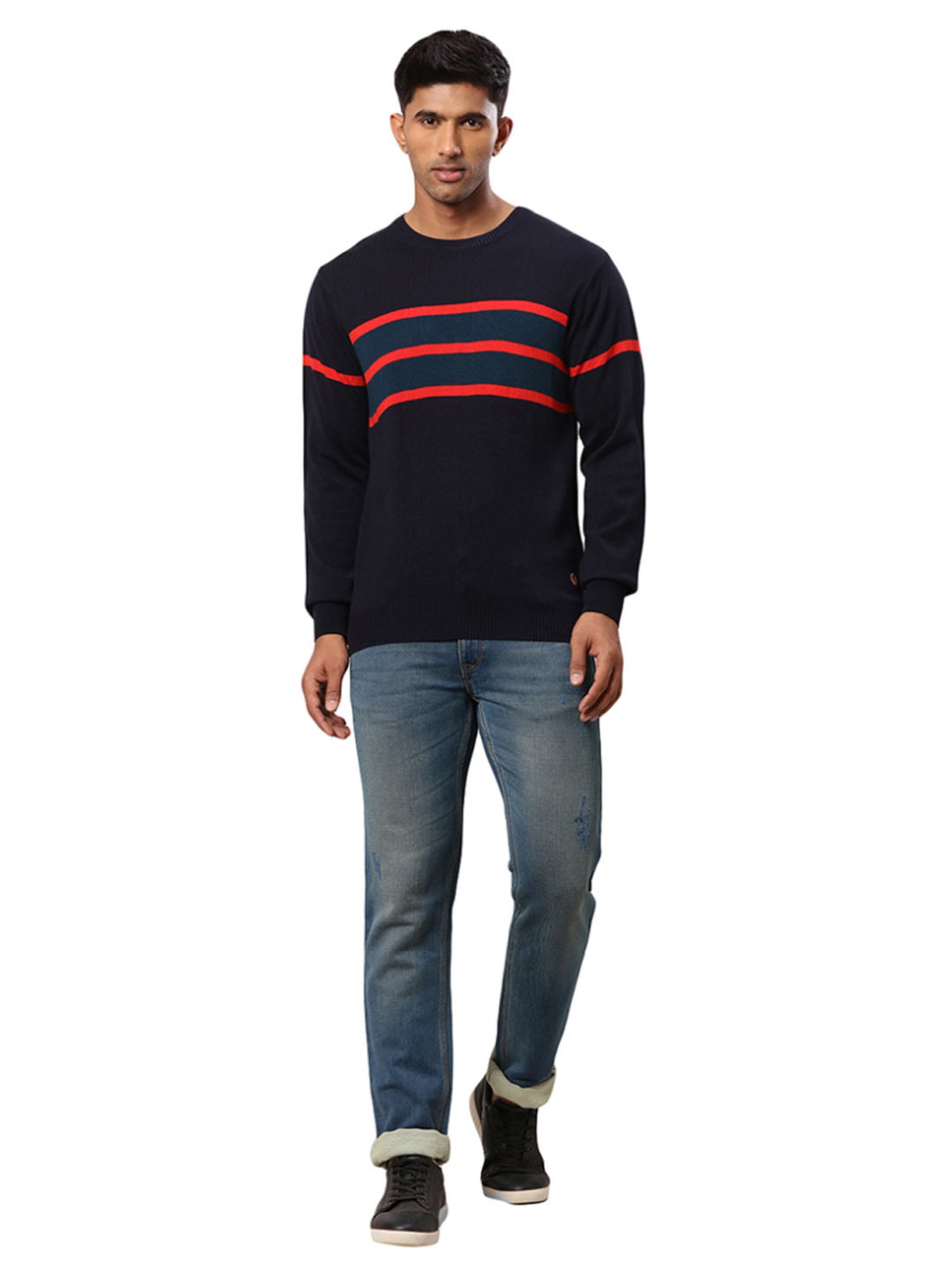 Raymond Blue Regular Fit Striped Sweater