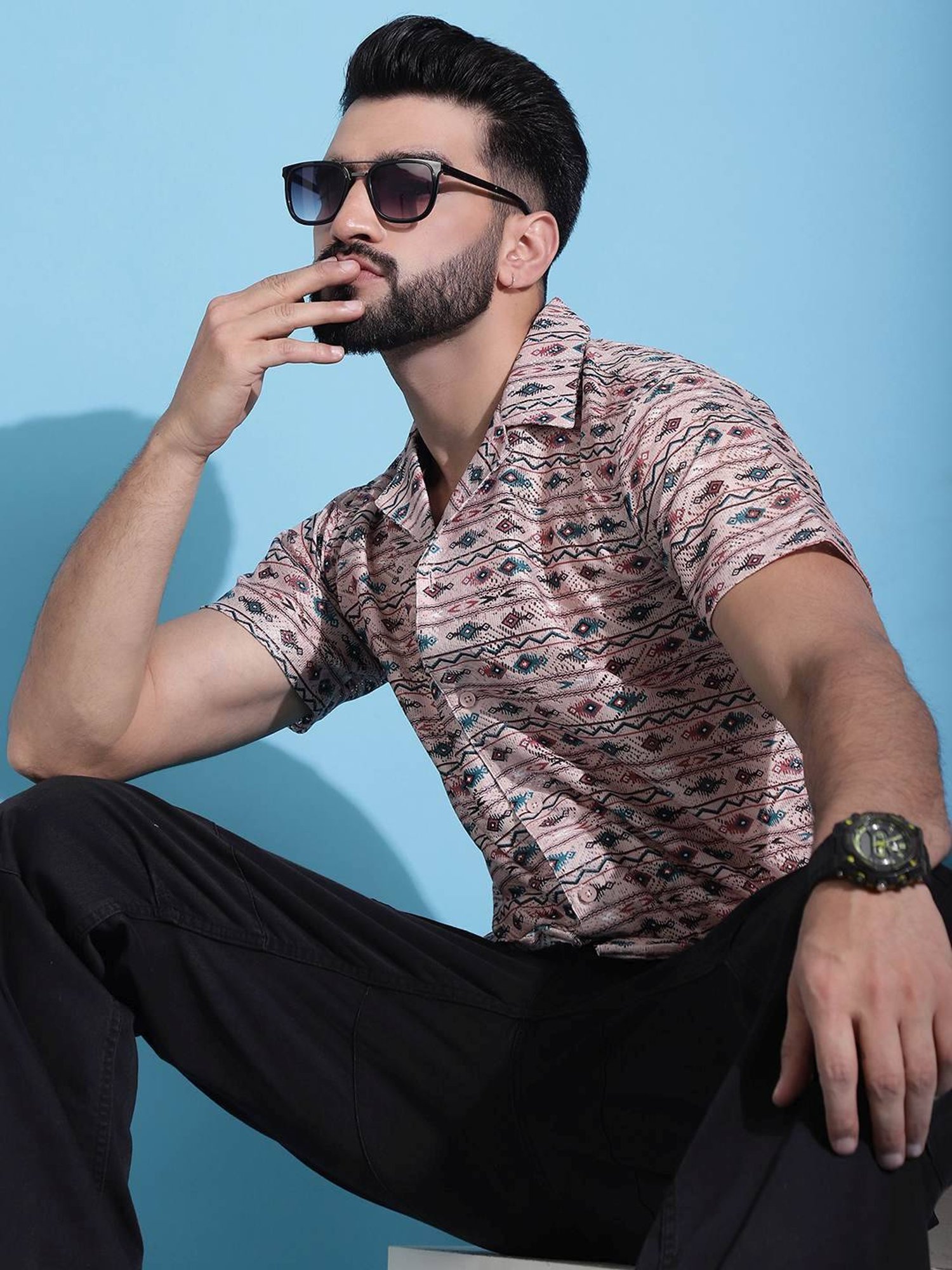 Indian Needle Peach Regular Fit Printed Shirt