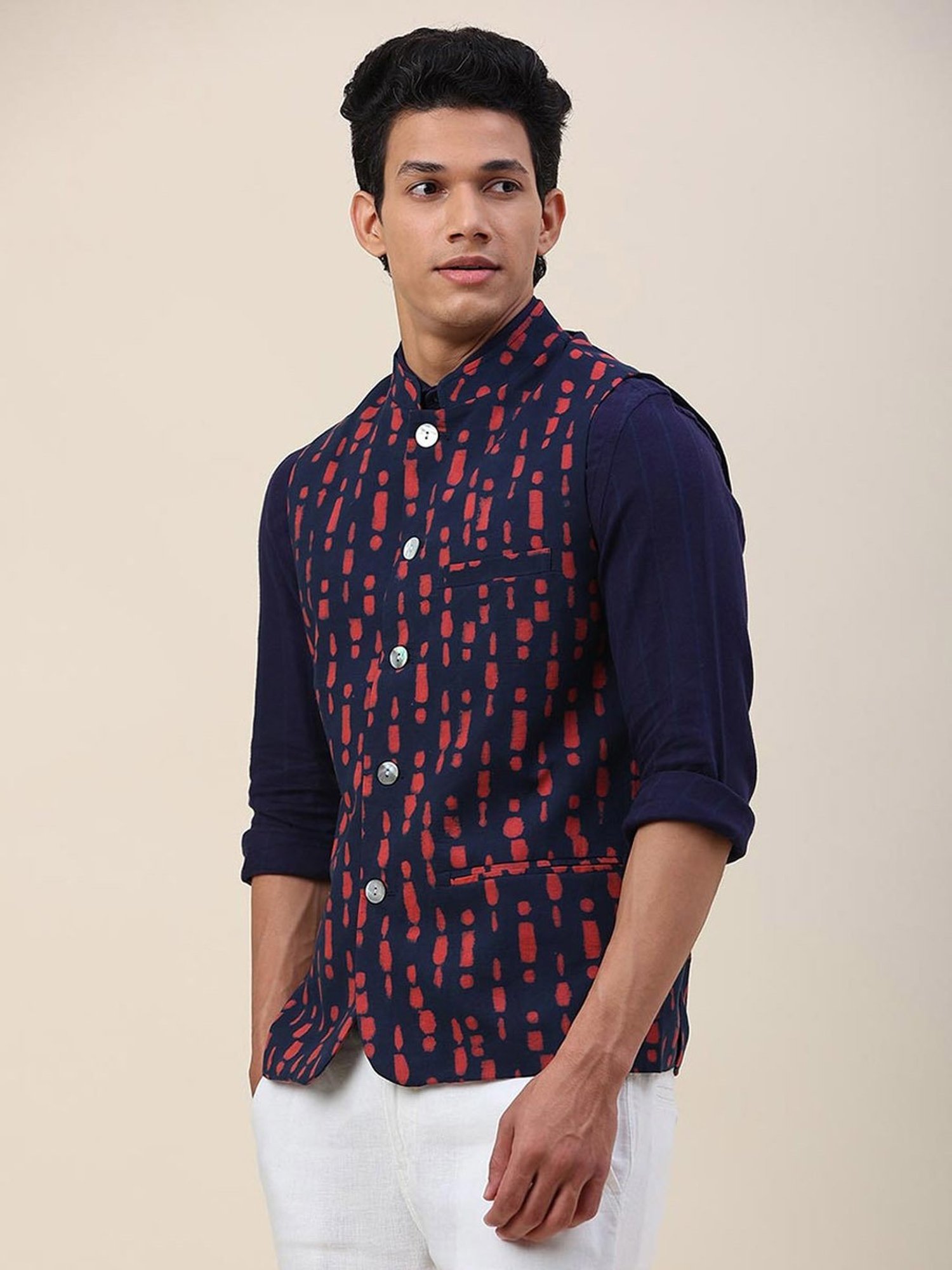 Fabindia Navy & Red Cotton Slim Fit Printed Nehru Jacket