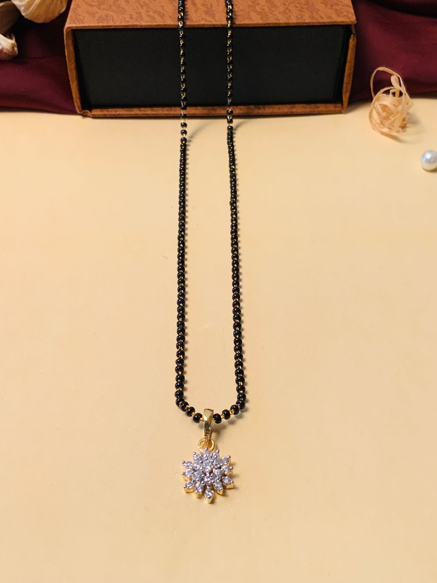 Abdesigns Gold-Plated American Diamond & Black Beaded Mangalsutra