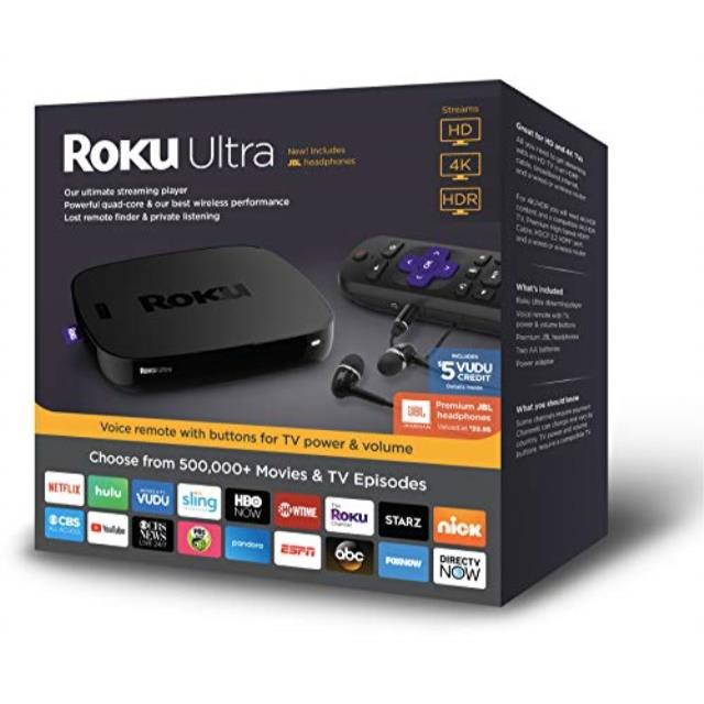 Roku Ultra HD/4K/HDR Streaming Media Player - Voice Remote, Remote Finder, Ethernet, MicroSD, USB, and Premium JBL Headphones