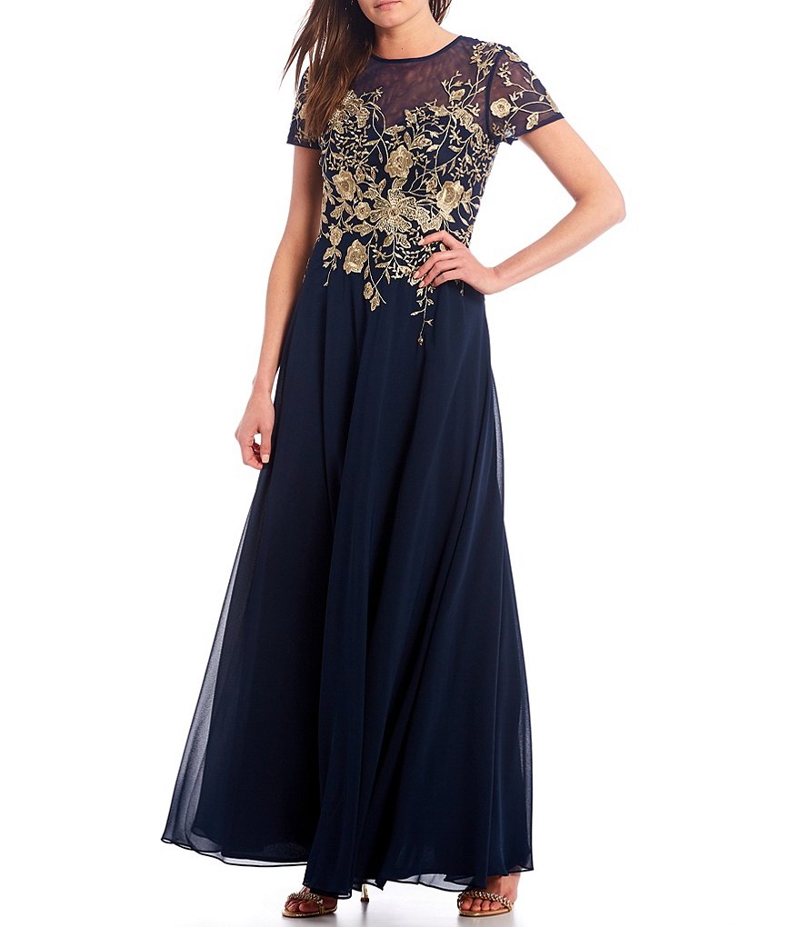 Betsy & Adam Illusion Neck Floral Embroidered Chiffon Gown