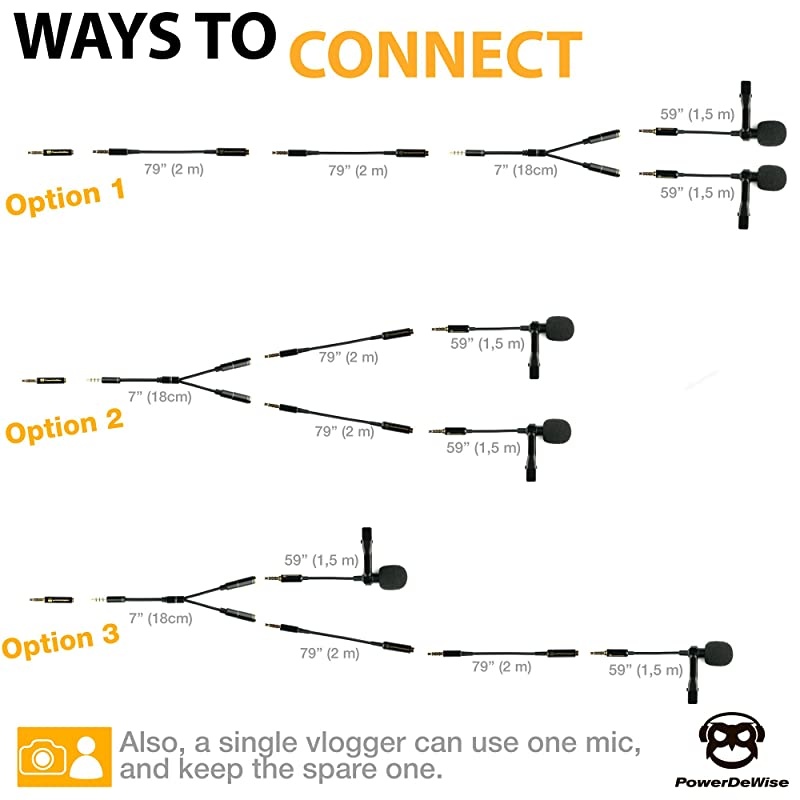 Grade 2 Lavalier Lapel Microphones Set for Dual Interview - Dual Lavalier Microphone - 2 Lavalier Microphone Set - Perfect as Blogging Vlogging Interview Microphone for iPhone 6, 7, 8, X
