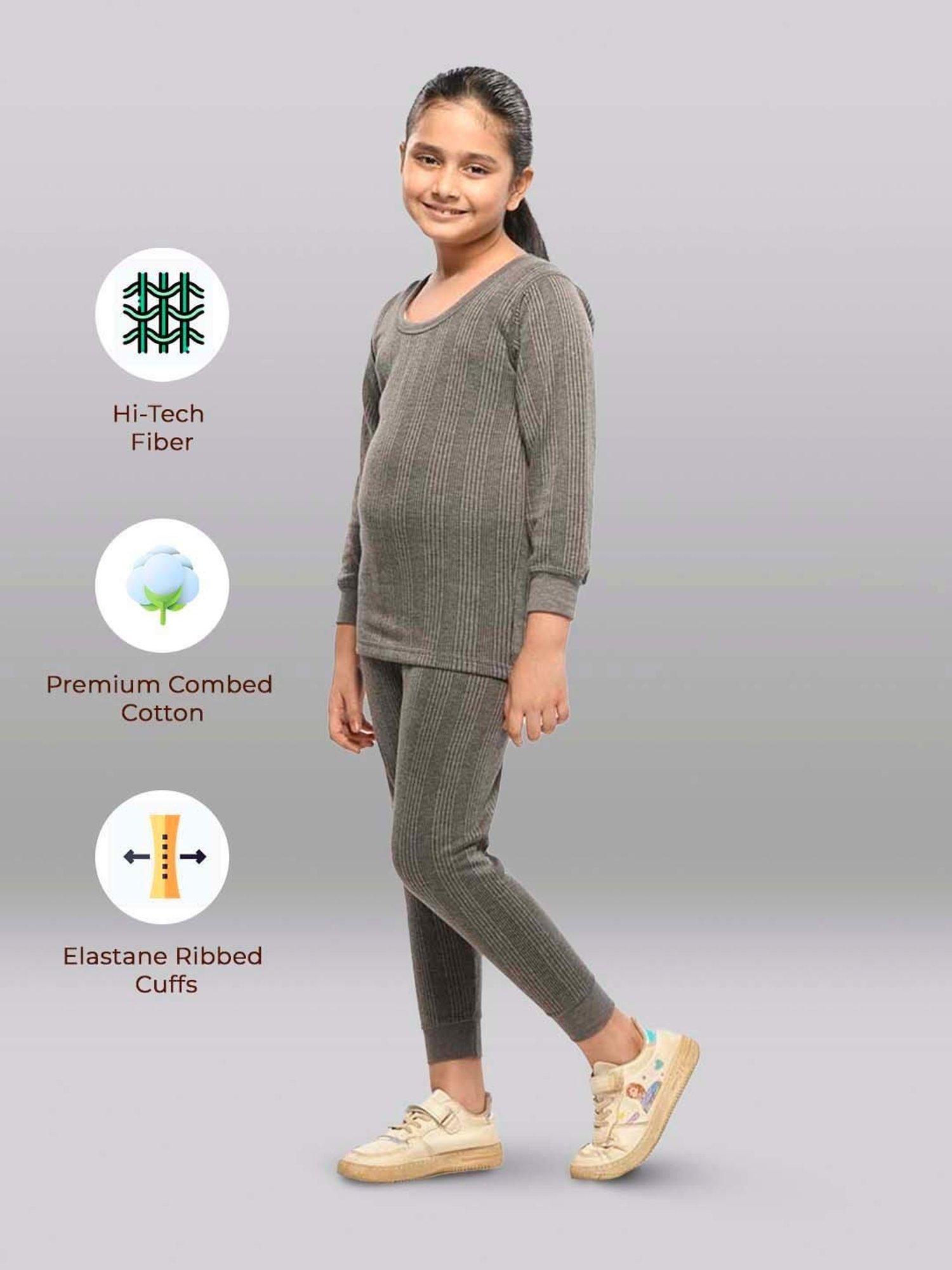 Dyca Kids Grey Melange Textured Thermal Top (Pack Of 2)