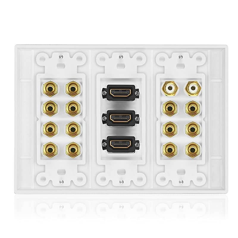72 Surround Sound Distribution Home Theater Copper Banana Binding Post Coupler Type Wall Plated for 7 Speakers 2 RCA Jacks for Subwoofers 3 HDMI Ports