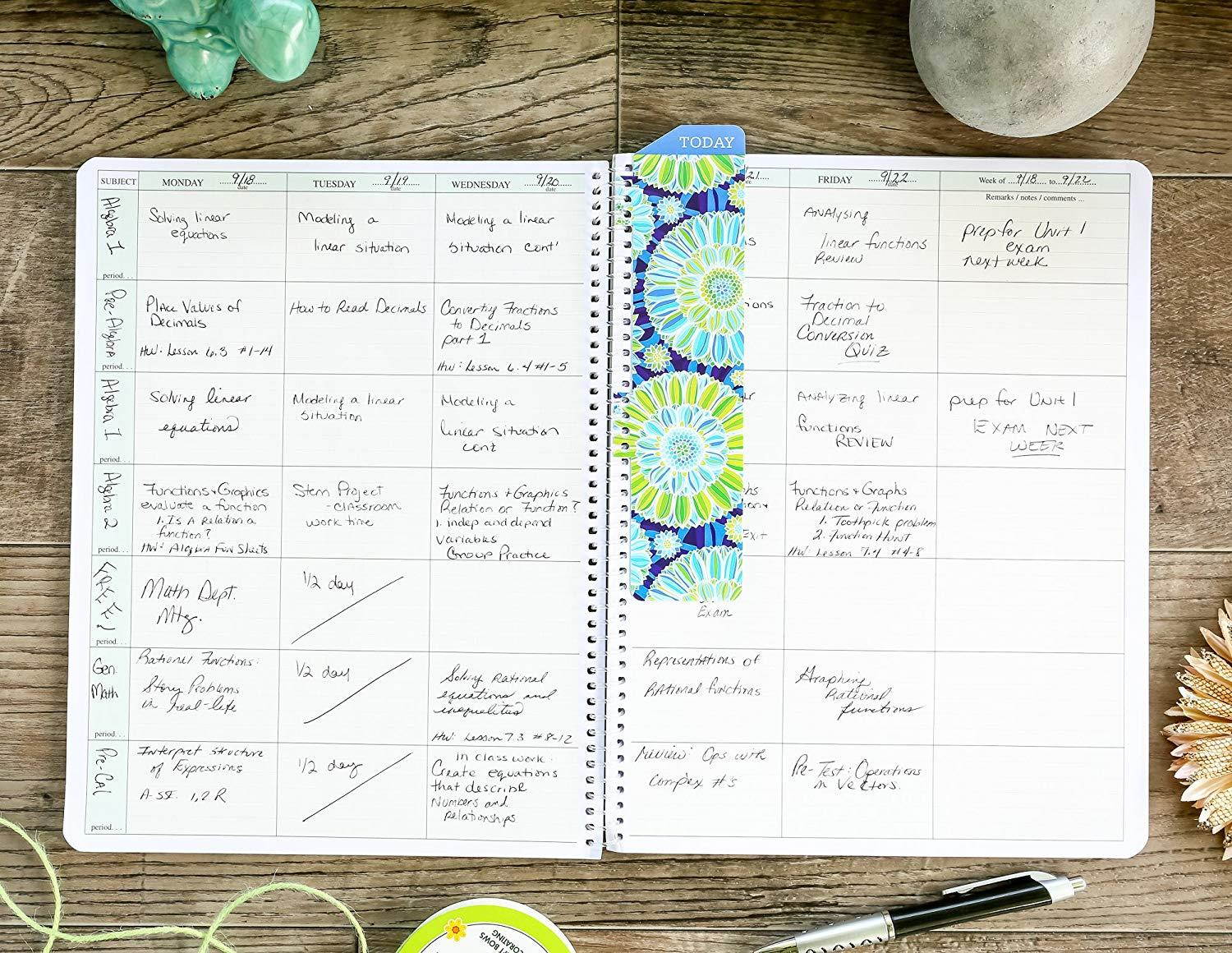 7 Period Teacher Lesson Plan; Days Horizontally Across The Top (W101) (+) Bonus Clip-in Bookmark (Blue Green Flowers)