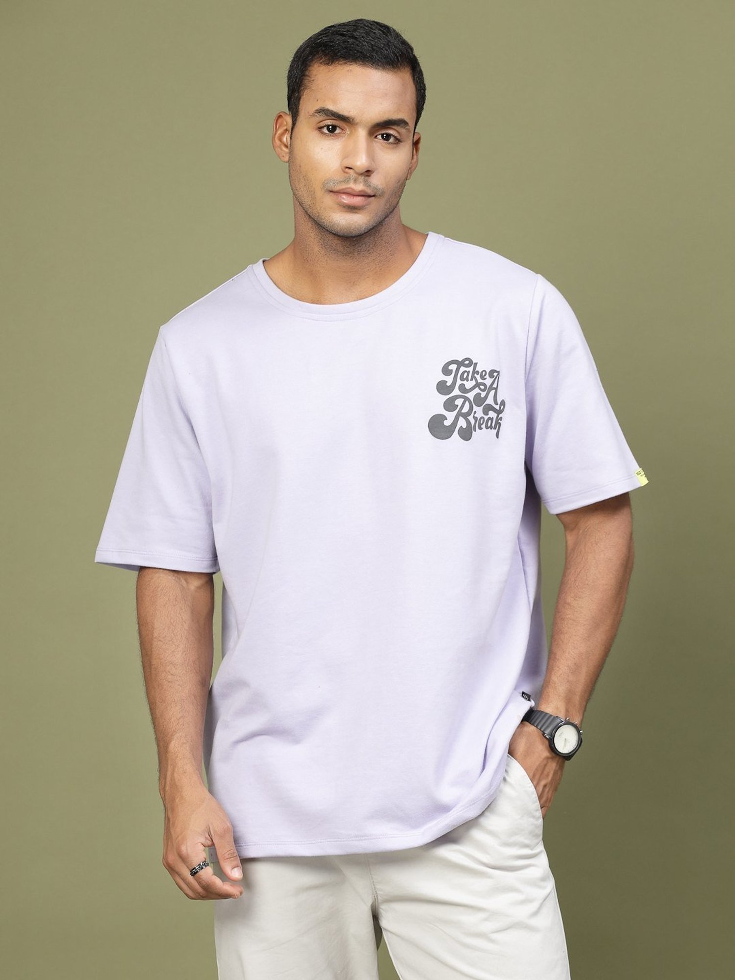 Rigo Light Purple Cotton Loose Fit Typography T-Shirt