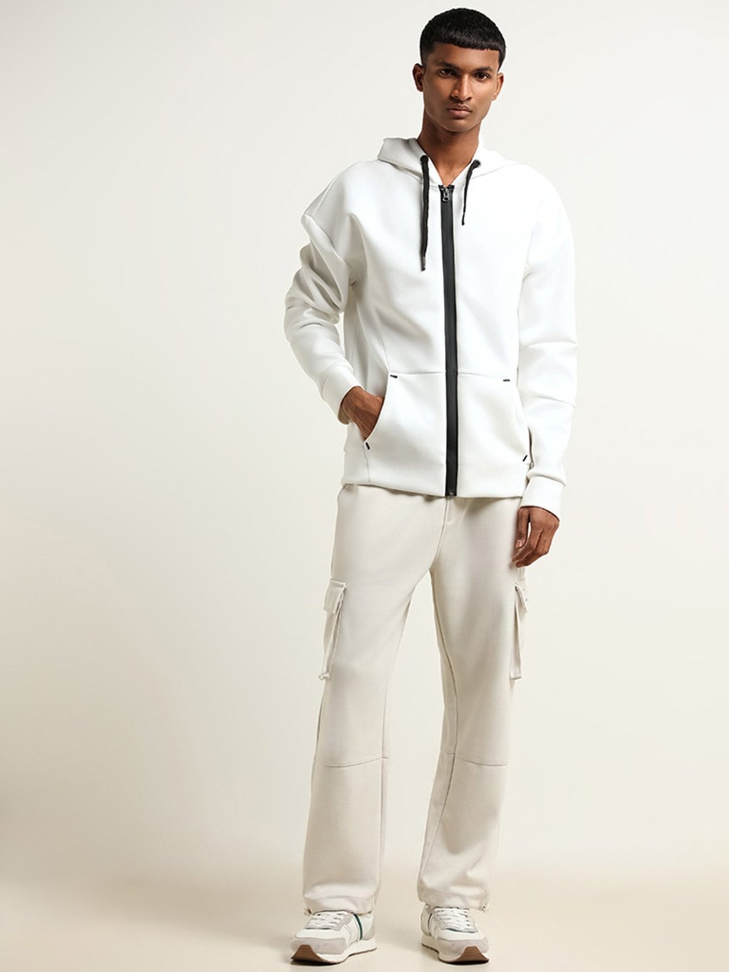 Studiofit by Westside Cream Straight-Fit Mid-Rise Cargo Track Pants