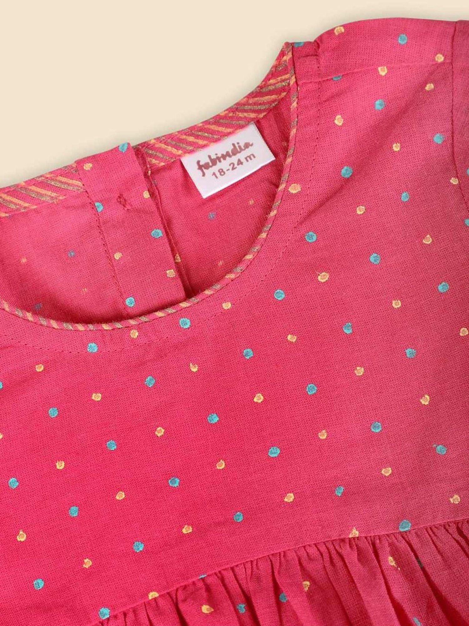 Fabindia Kids Pink & Yellow Cotton Printed Kurta Set