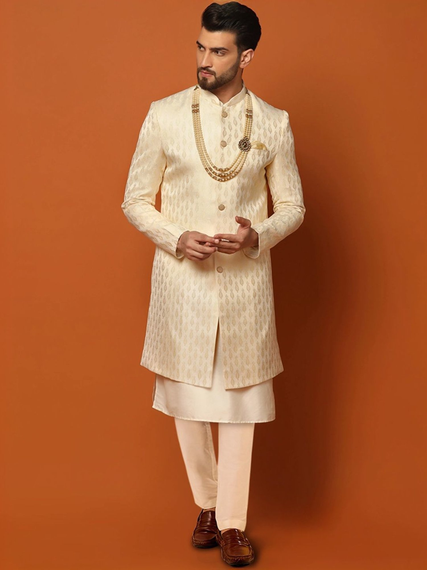 Kisah Beige Regular Fit Jacquard Sherwani Set