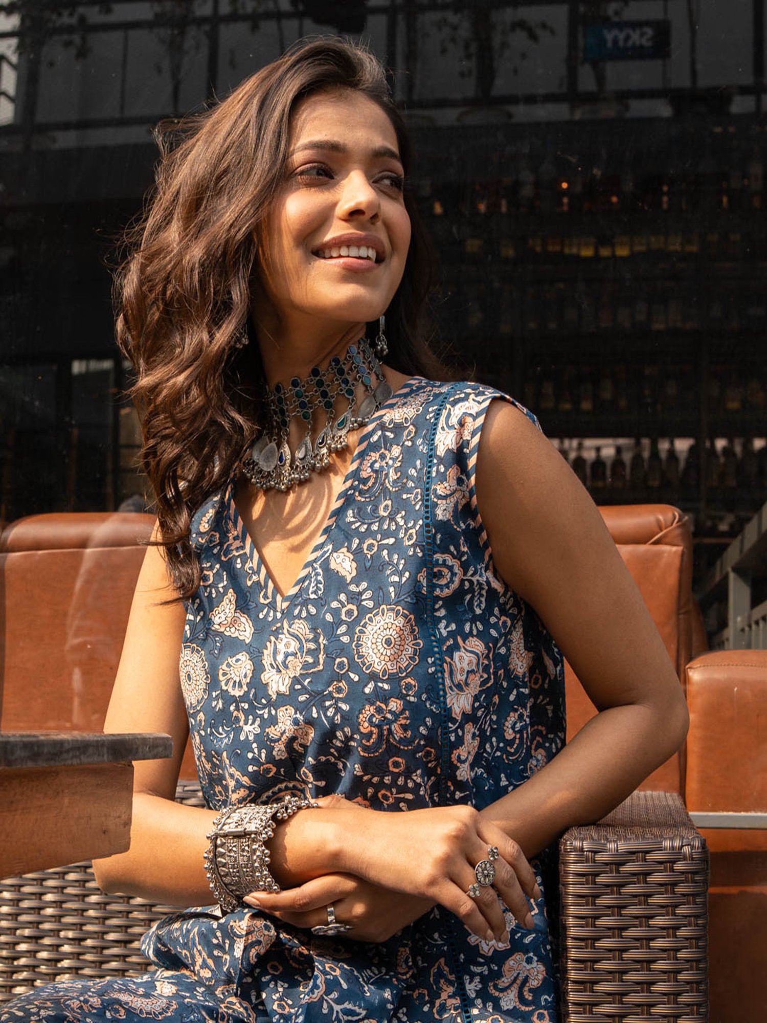 Akiso Blue Block Printed Flared Front Pleated Kurta Set (Set Of 2)