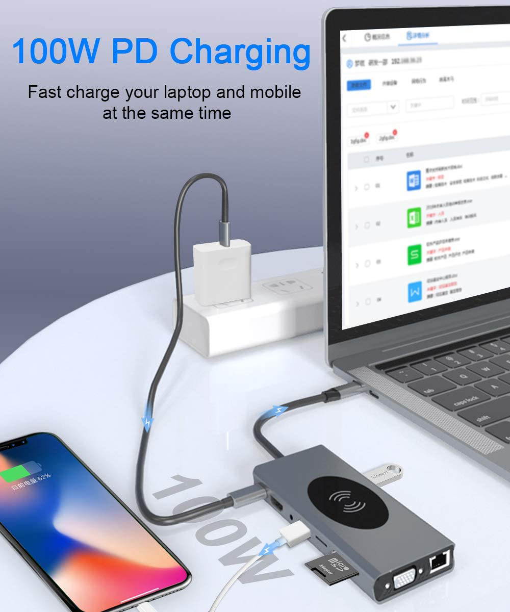 15 in 1 USB C Hub Multiport Adapter USB-C Docking Station with 4K HDMI, VGA, Ethernet, Wireless Charging, 100W PD, 3 USB 3.0, SD/TF Card Reader Compatible for MacBook Pro and More Type C Laptops