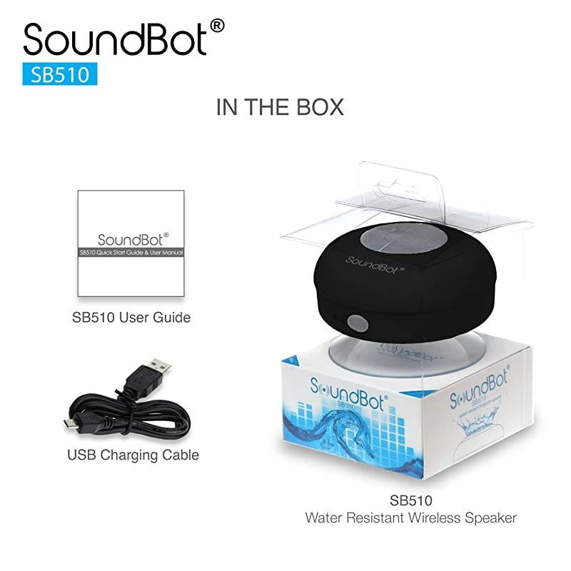 SB510 HD Water Resistant Bluetooth 30 Shower Speaker Handsfree Portable Speakerphone with Builtin Mic 6hrs of Playtime Control Buttons and Dedicated Suction Cup for ShowersGryBLK