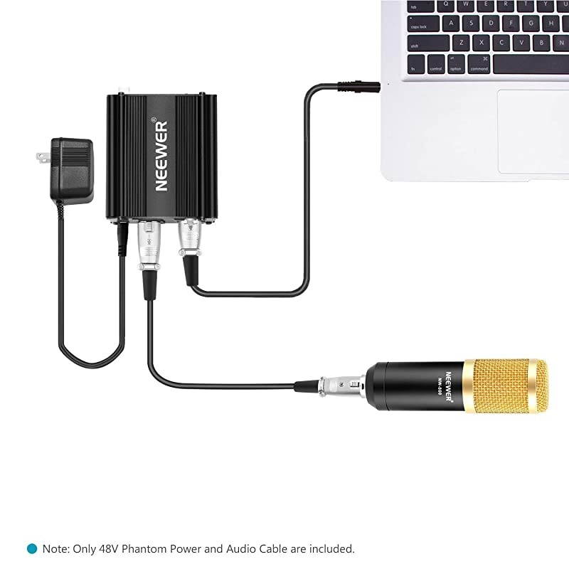 1-Channel 48V Phantom Power Supply with Adapter, BONUS+XLR 3 Pin Microphone Cable for Any Condenser Microphone Music Recording Equipment (8 feet)