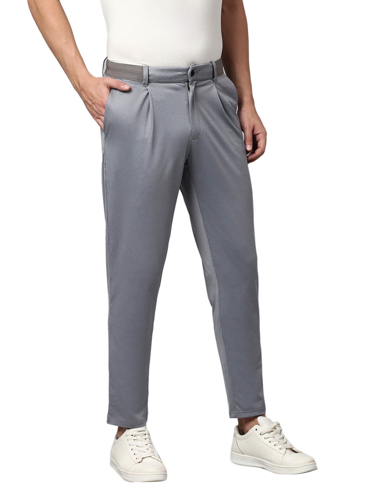 Slowave Grey Regular Fit Pleated Trousers