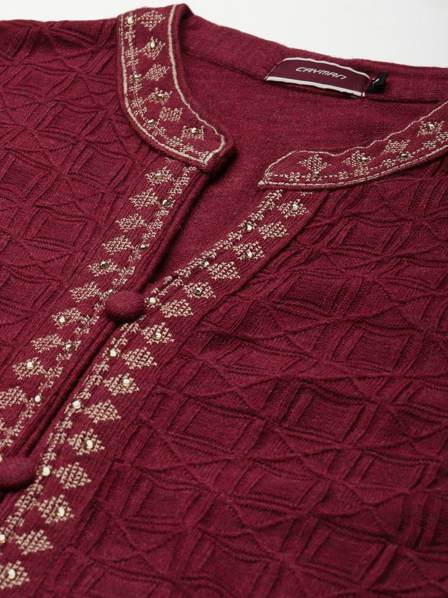 Cayman Maroon Wool Woven Pattern Straight Kurta