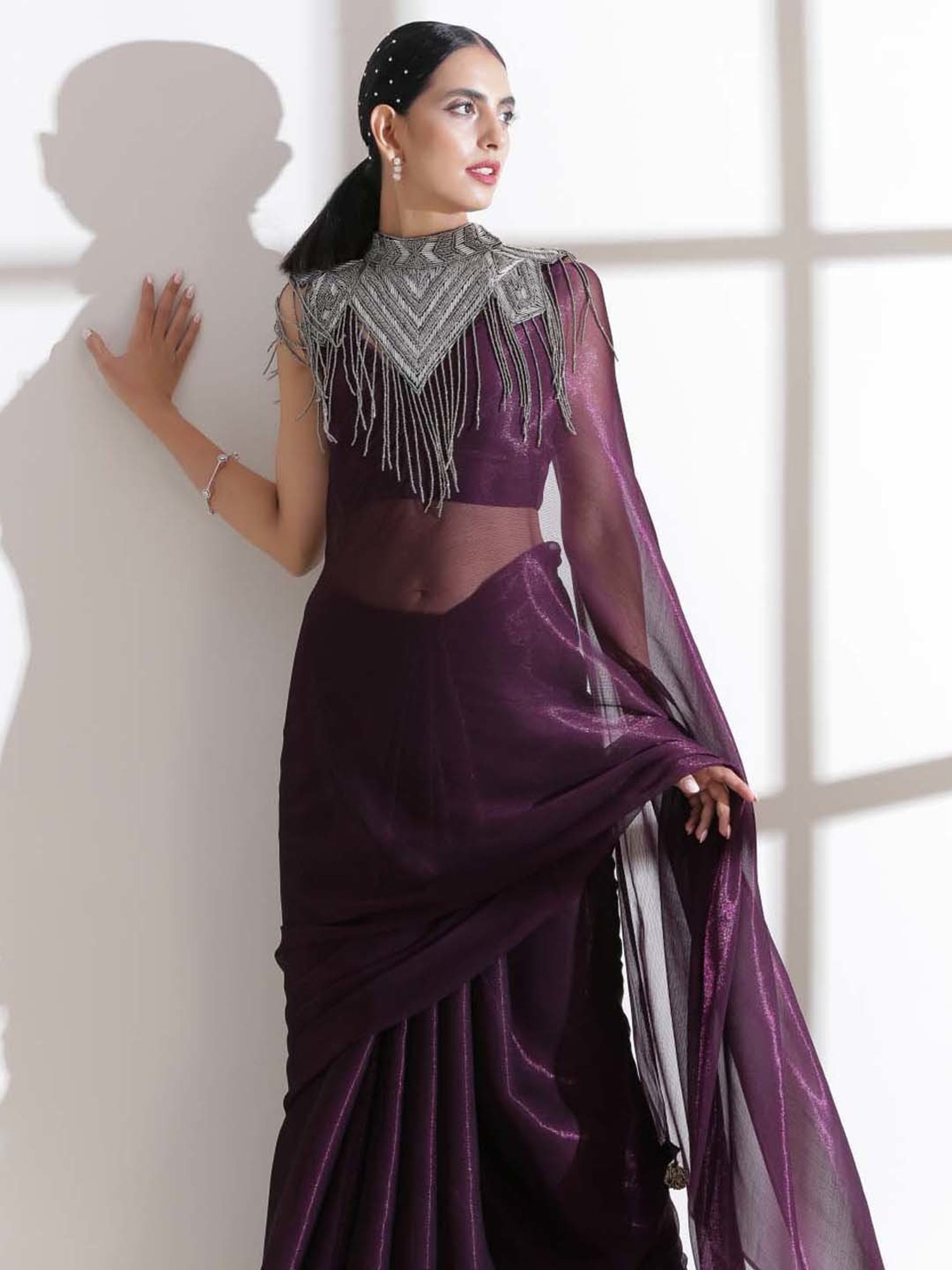 Swtantra Purple Chiffon Saree