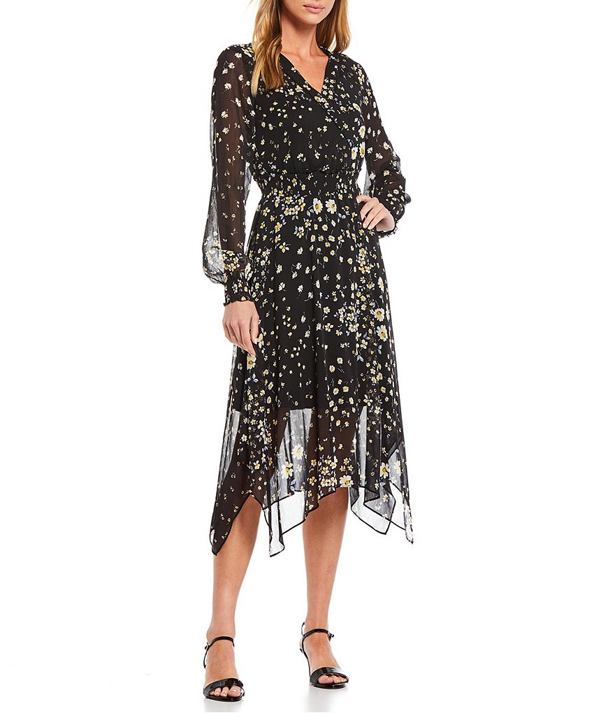 KARL LAGERFELD PARIS V-Neck Long Sleeve Floral Chiffon Midi Dress