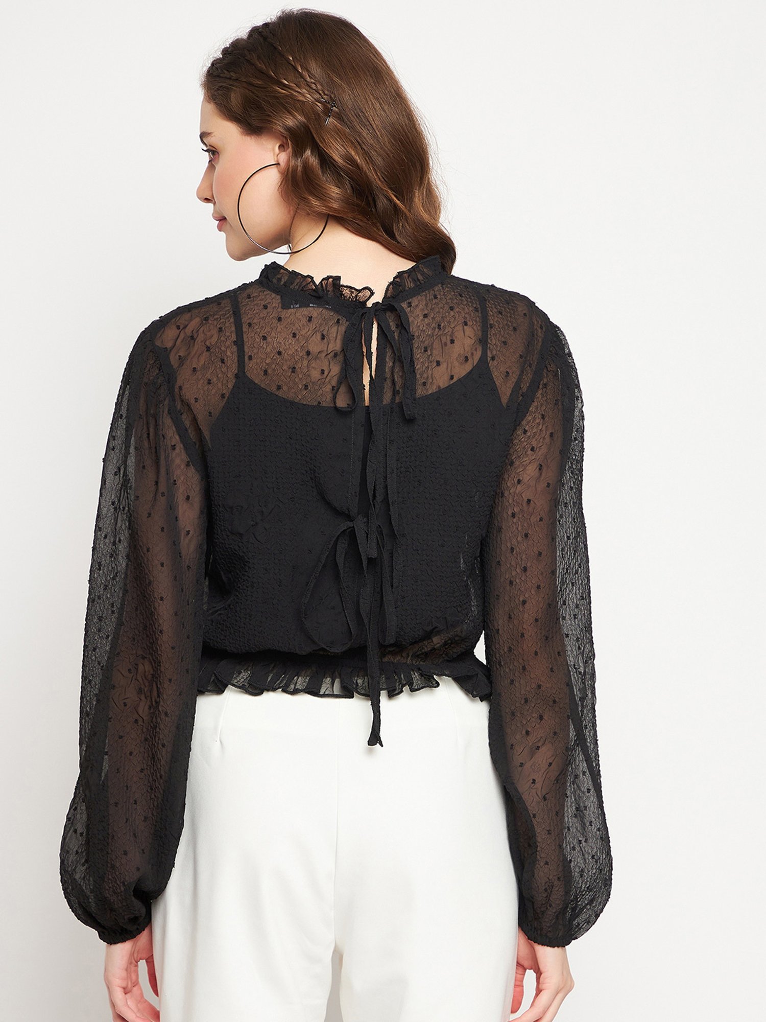 MADAME Black Self Design Crop Top