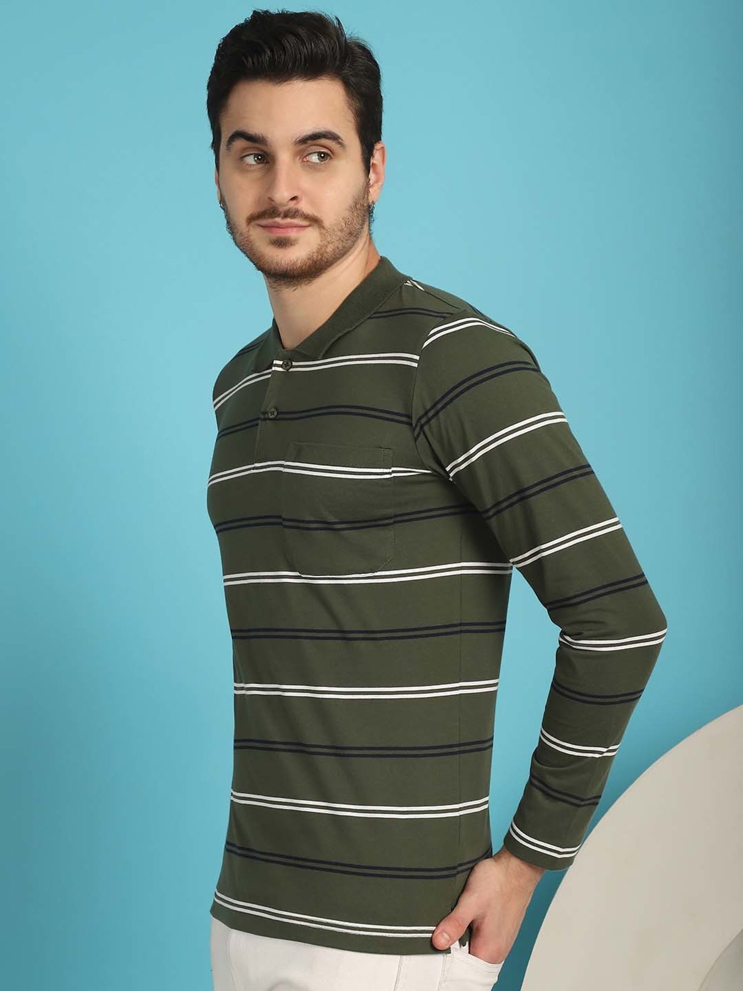 Venitian- Forbidden Clothing Green Regular Fit Striped Polo T-Shirt