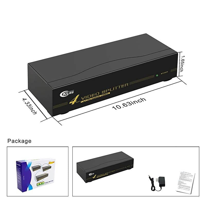 450MHz Bandwidth 2 Port VGA Splitter Amplifier Box 1 PC to 2 Monitors SVGA Video Splitter Support 2048 x 1536 Resolution up to 164ft for Screen Duplication