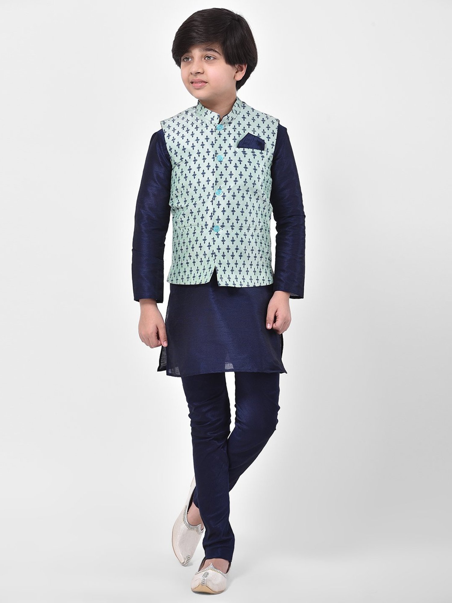 Deyann Kids Blue Printed Nehru Jacket