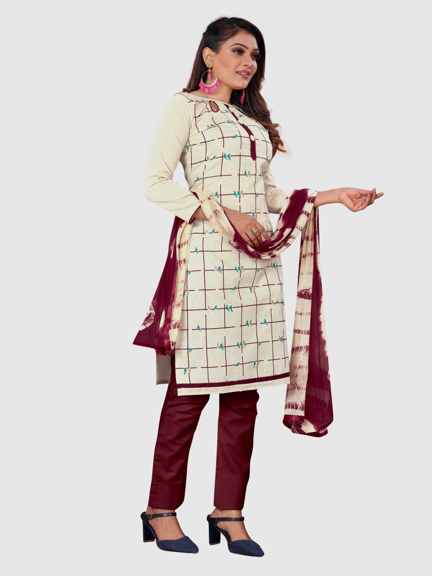 APNISHA Cream & Maroon Cotton Chequered Unstitched Dress Material