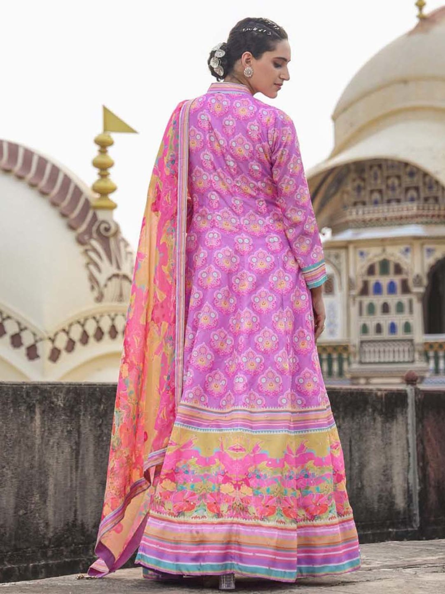 SCAKHI Purple Printed Maxi Dress With Dupatta