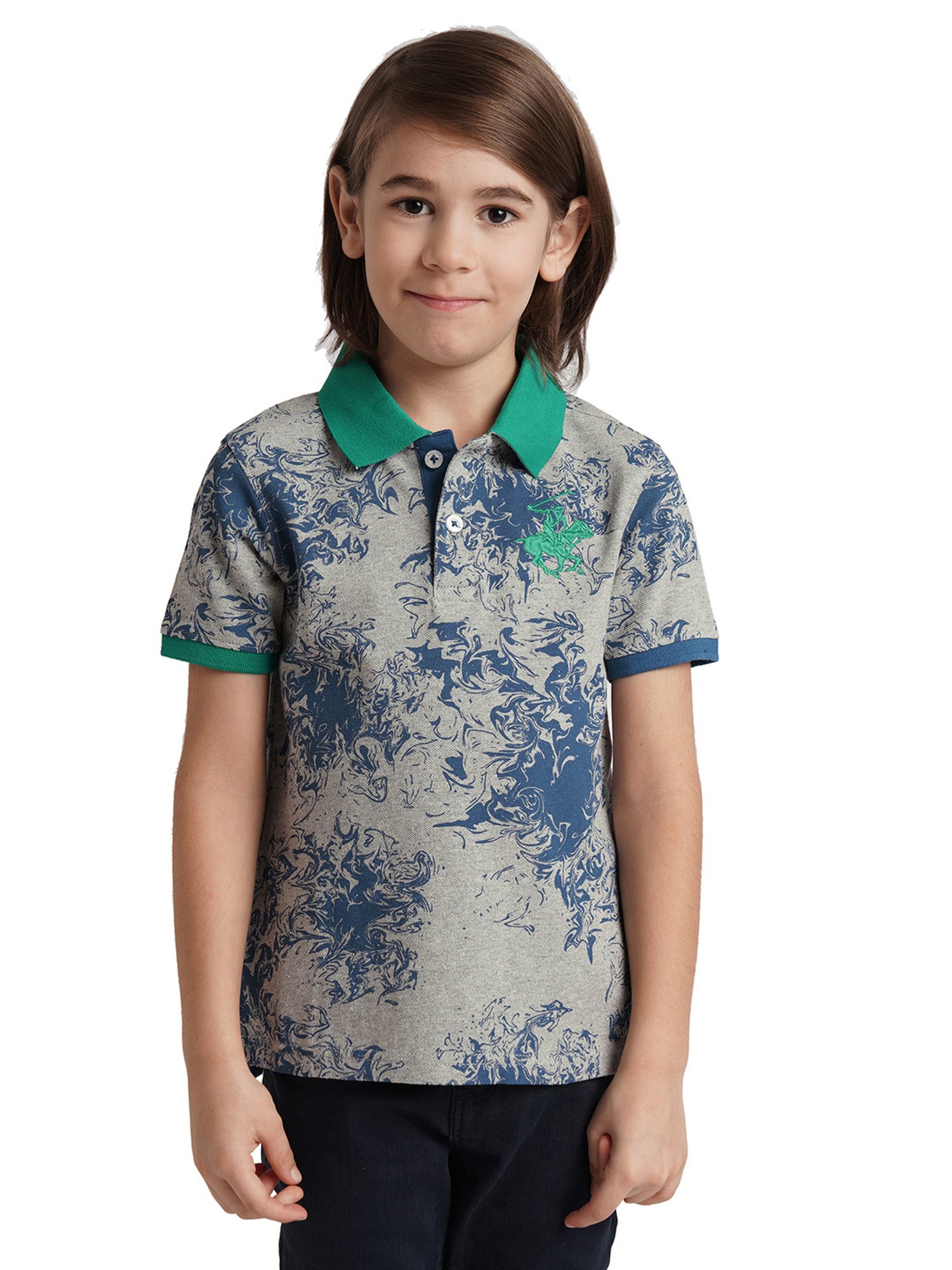 Beverly Hills Polo Club Kids Grey & Navy Printed Polo T-Shirt